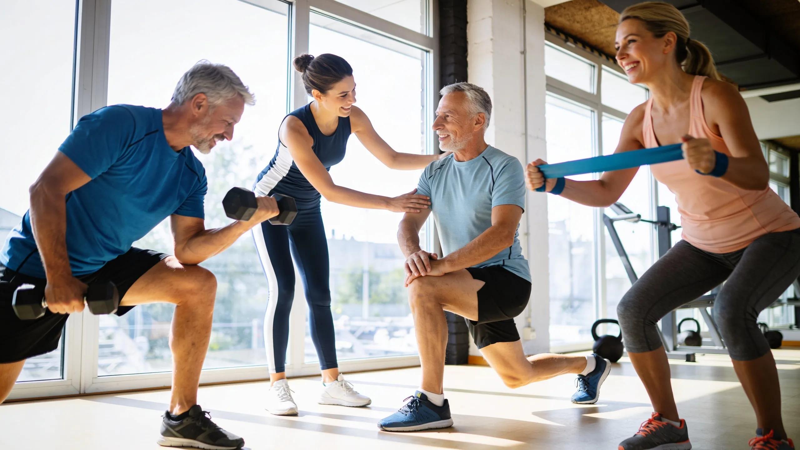 Adults over 40 engaging in personal training in a gym setting