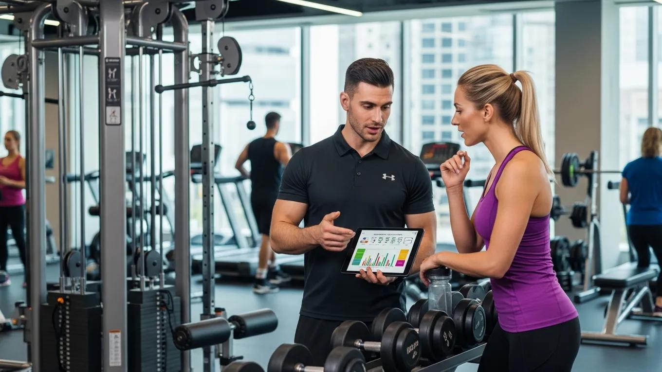 Trainer and client discussing a customized workout plan in a gym