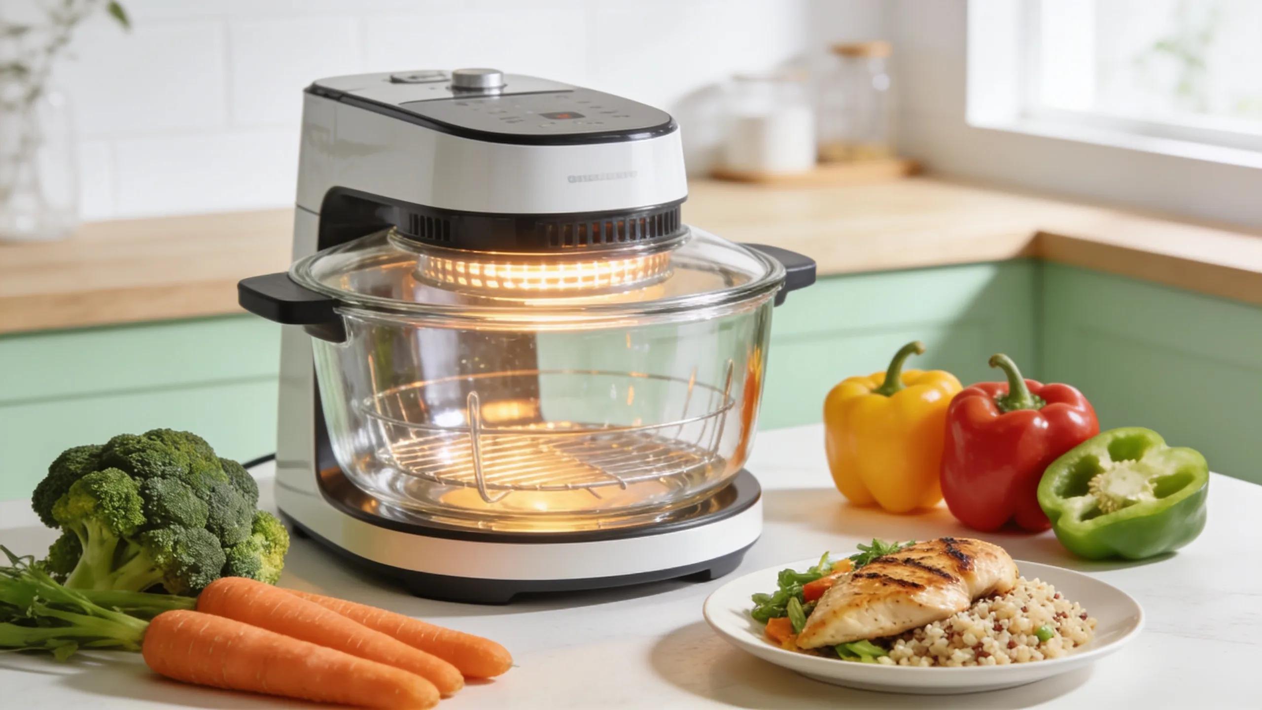 Modern glass air fryer in a bright kitchen with fresh ingredients, emphasising healthy cooking