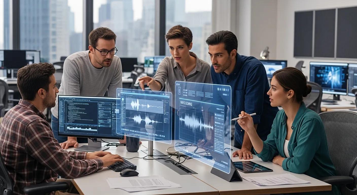 Team of content creators collaborating with voice cloning technology in a modern office Team of content creators collaborating with voice cloning technology in a modern office