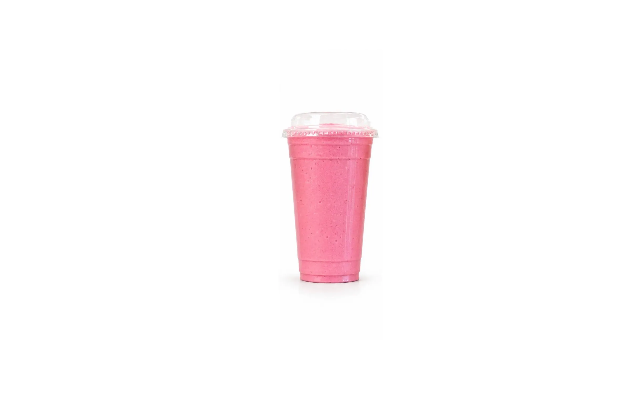 Bright pink protein smoothie in a clear cup with a lid at Fuel Up Energy Cafe in Bolingbrook