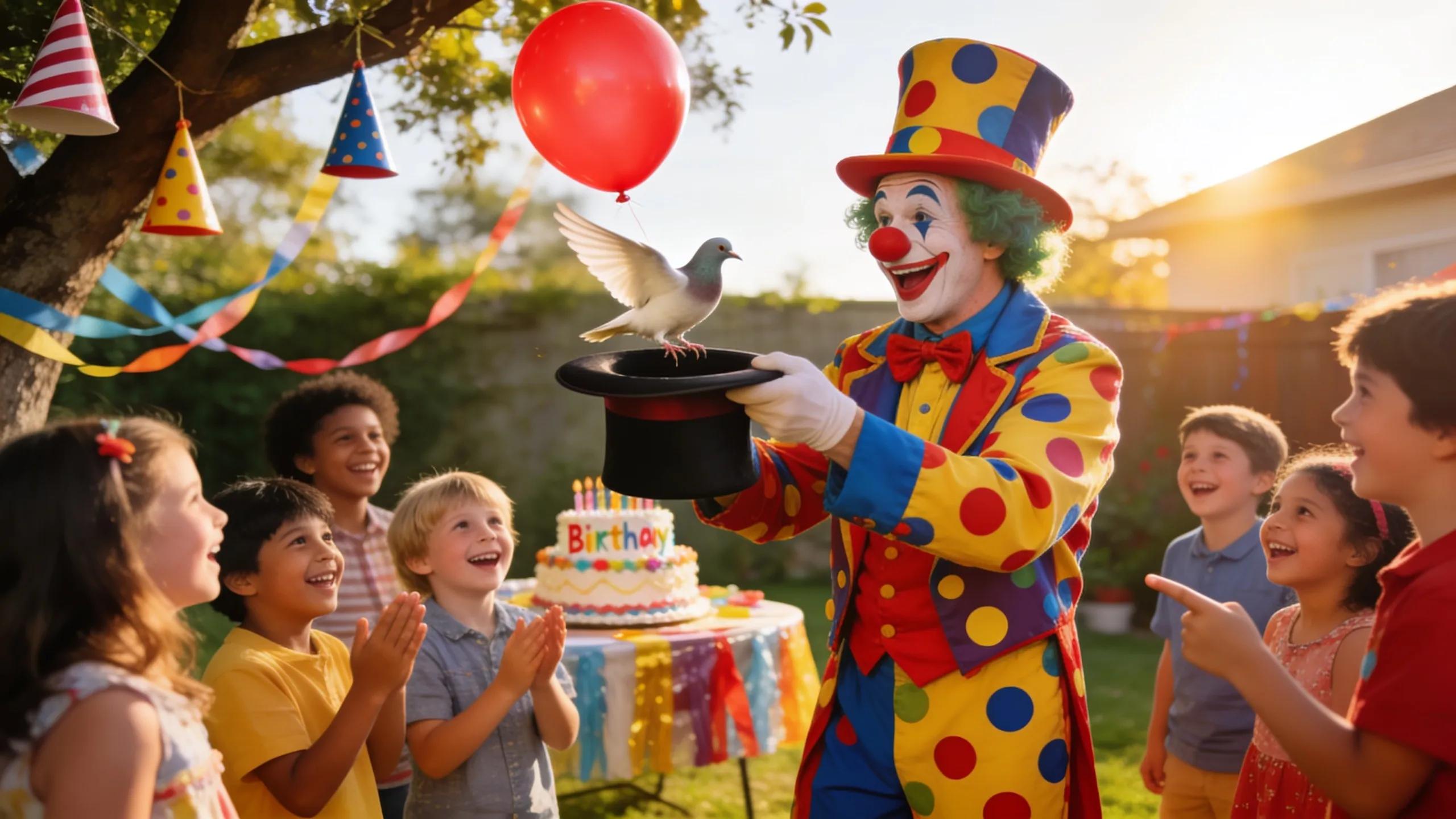 Clown performing magic tricks for children at a birthday party