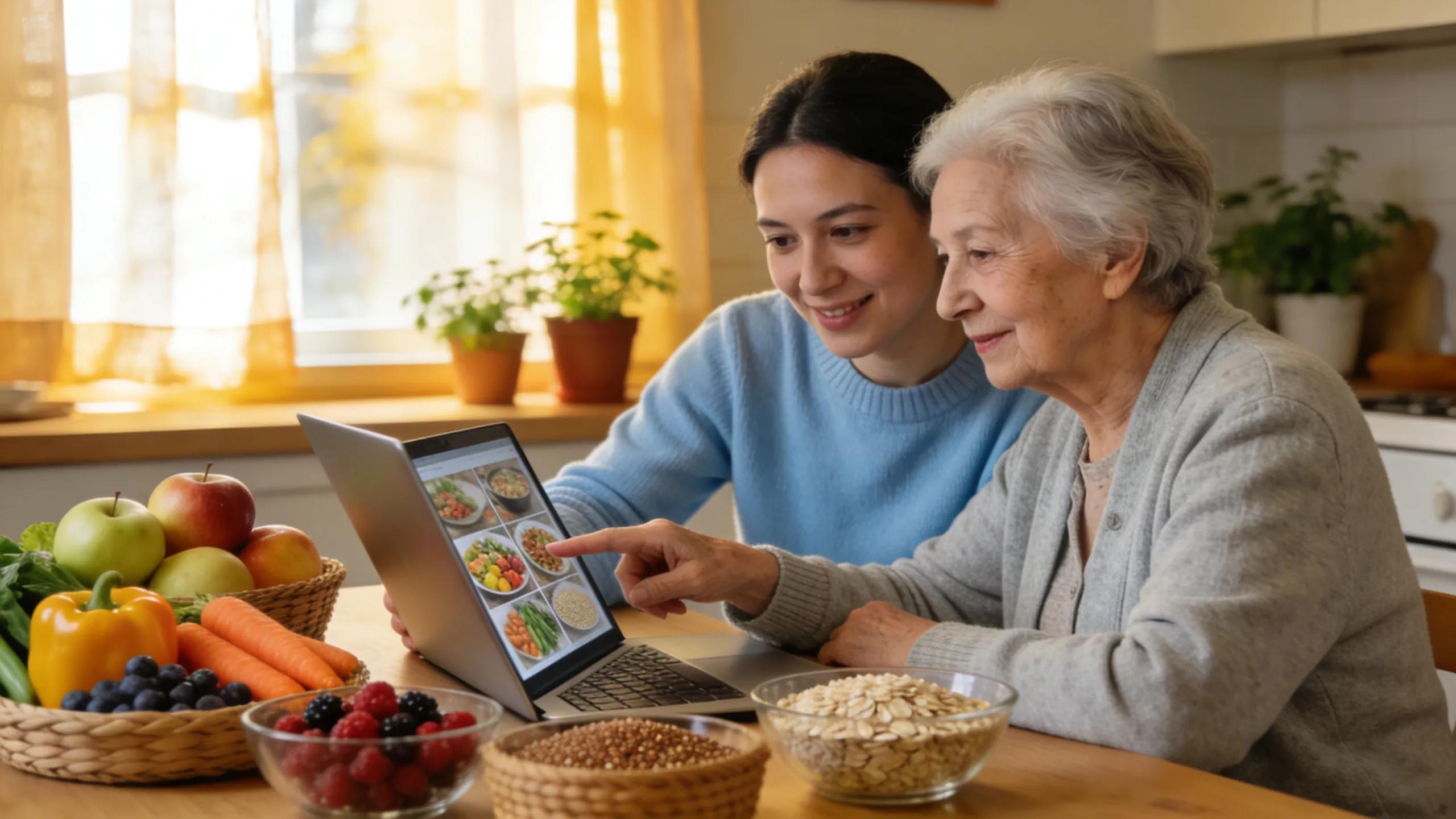 Caregiver helping an elderly individual plan nutritious meals, showcasing support in senior nutrition