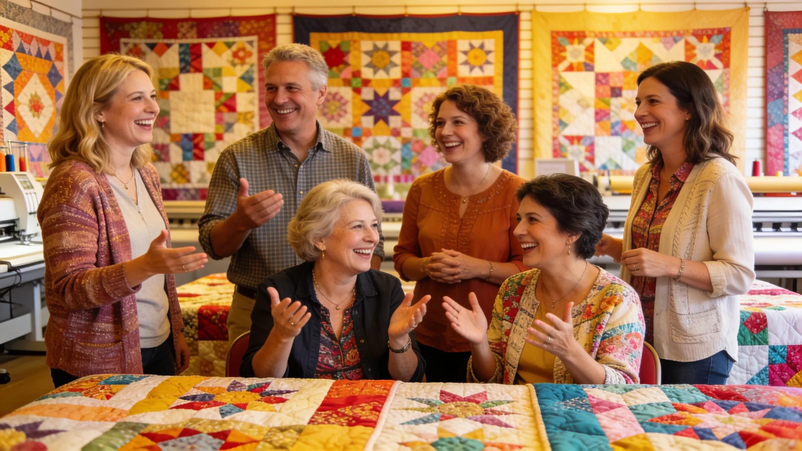 Joyful customers sharing their experiences in a quilt shop, highlighting community and satisfaction with long arm quilting services