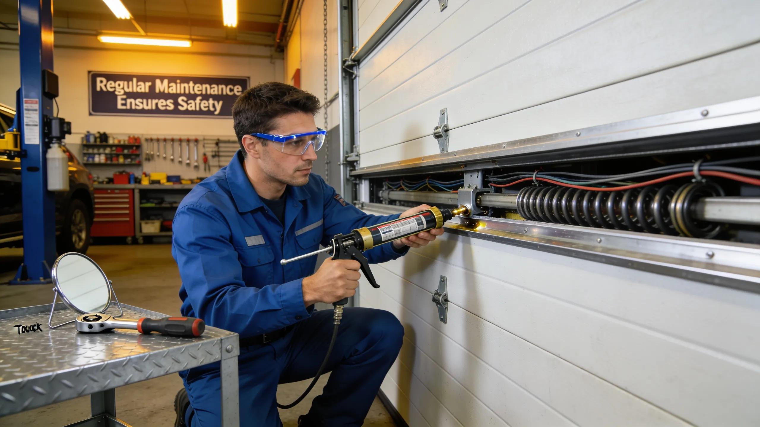Technician performing maintenance on a commercial roller door, highlighting proactive service for roller doors