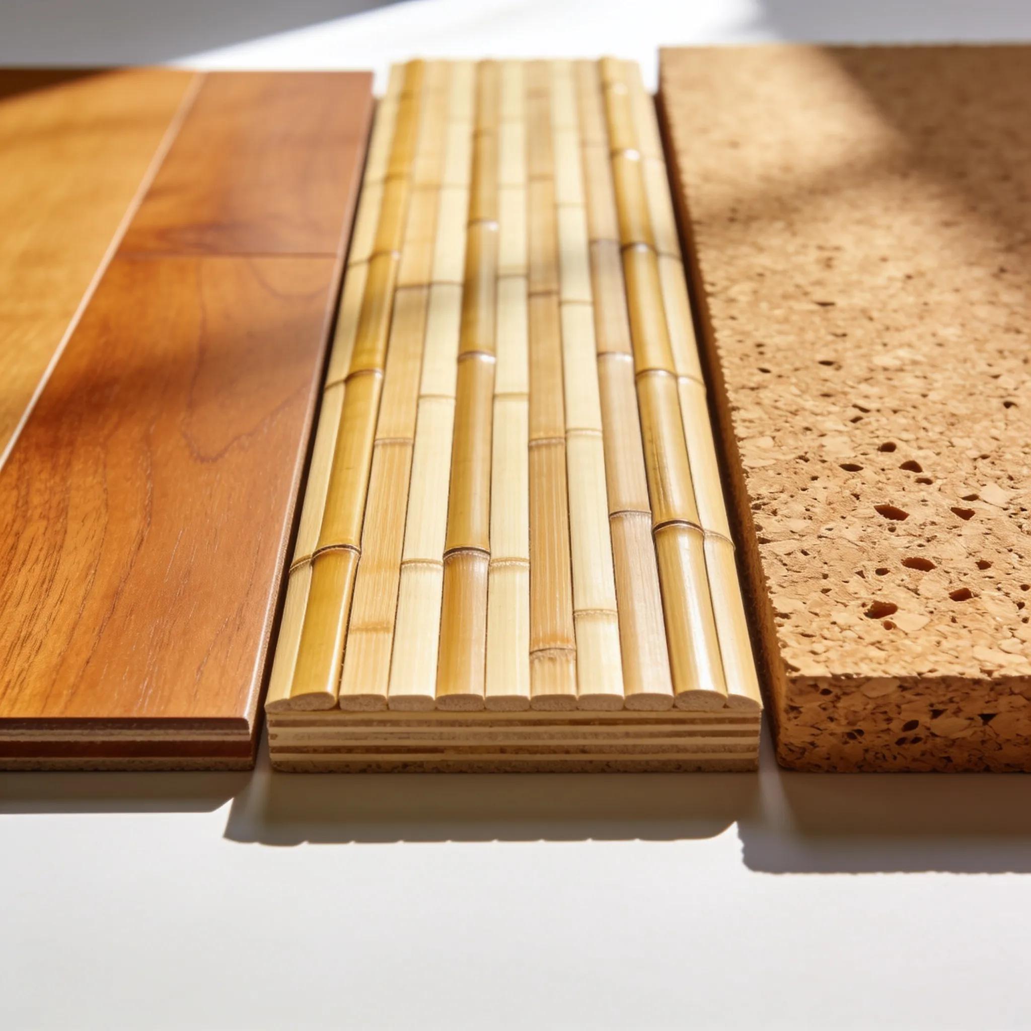 Close-up textures of hardwood, bamboo, and cork flooring