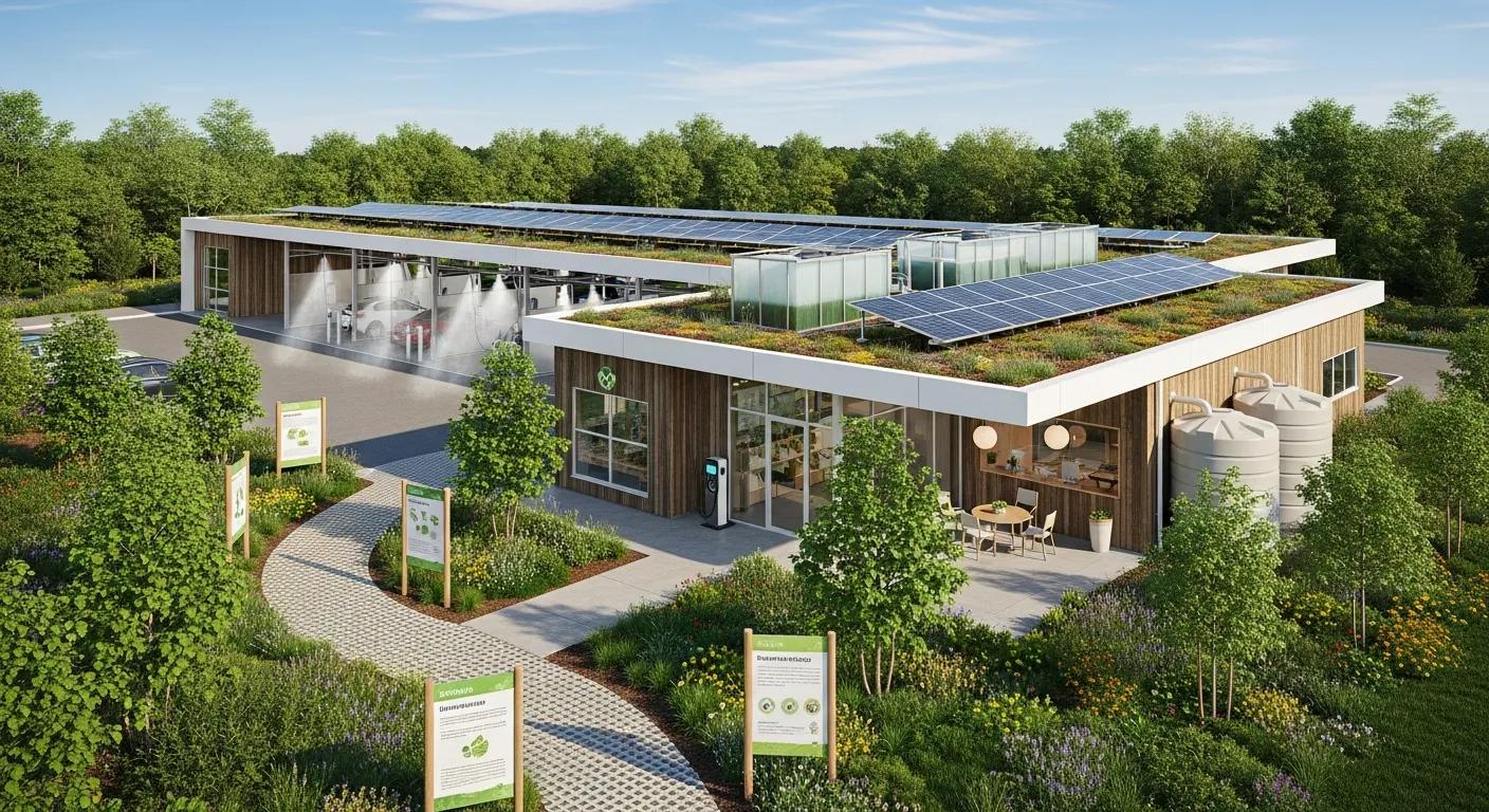 Eco-friendly touchless car wash facility surrounded by greenery and sustainability features