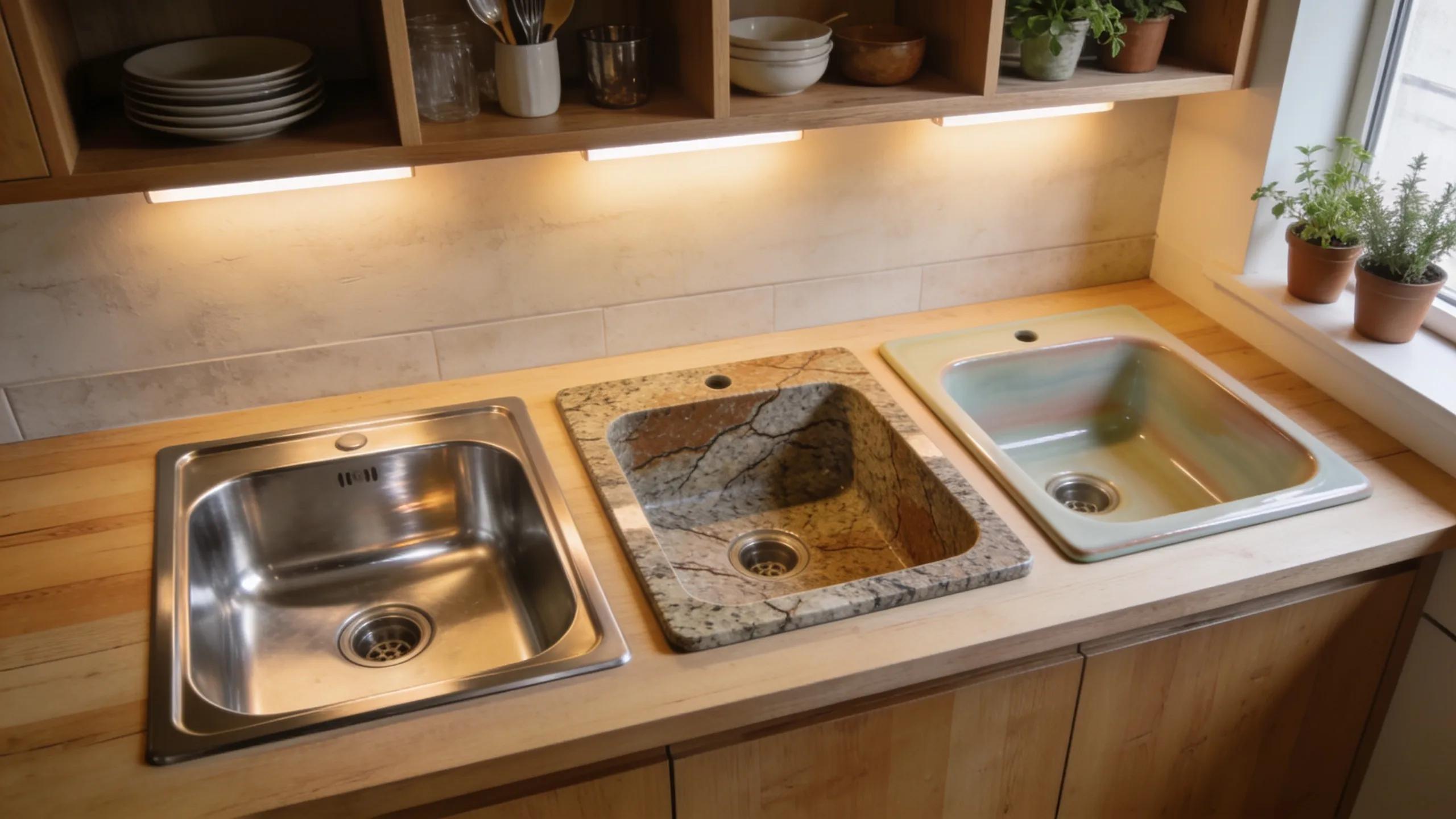 Variety of materials for waterfall sinks including stainless steel, granite, and ceramic