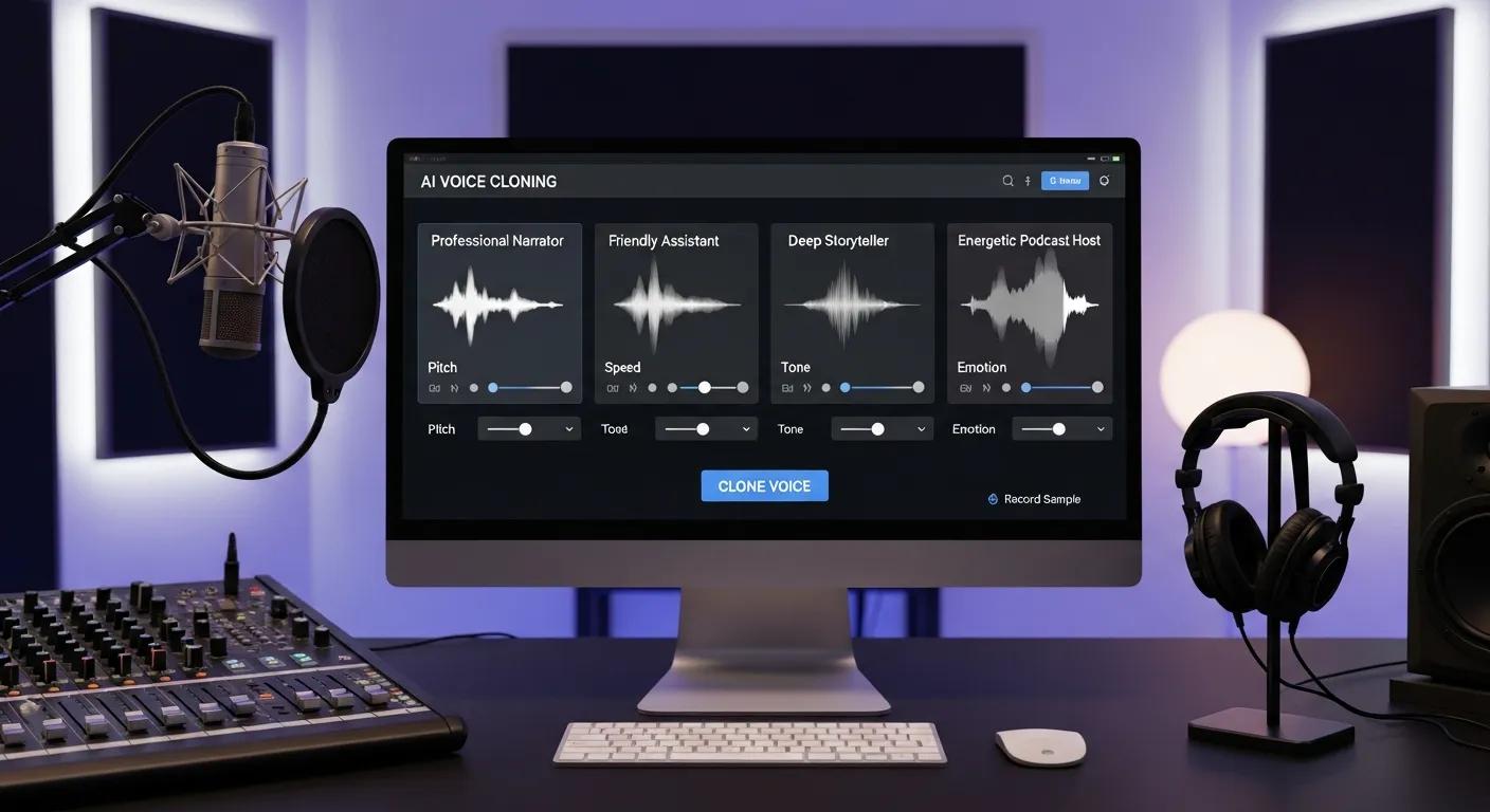 Different AI voice cloning options displayed on a computer in a modern studio setup Different AI voice cloning options displayed on a computer in a modern studio setup