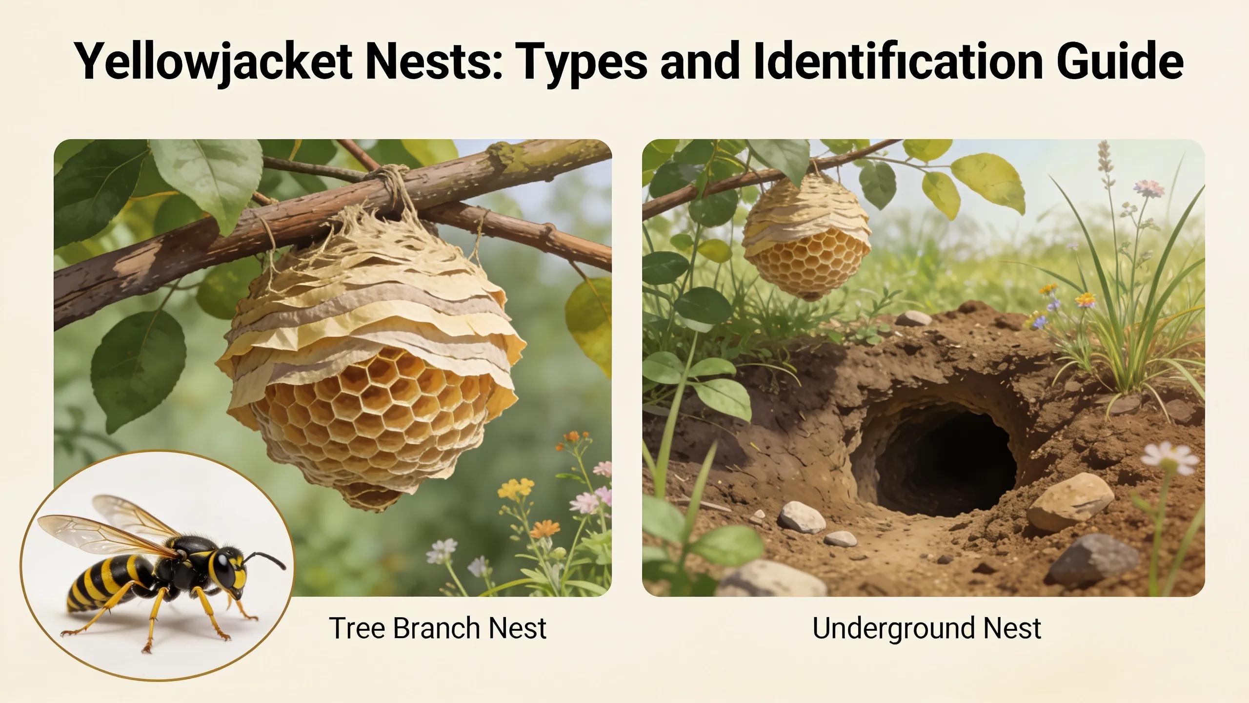 Visual guide showcasing various yellowjacket nests in natural environments