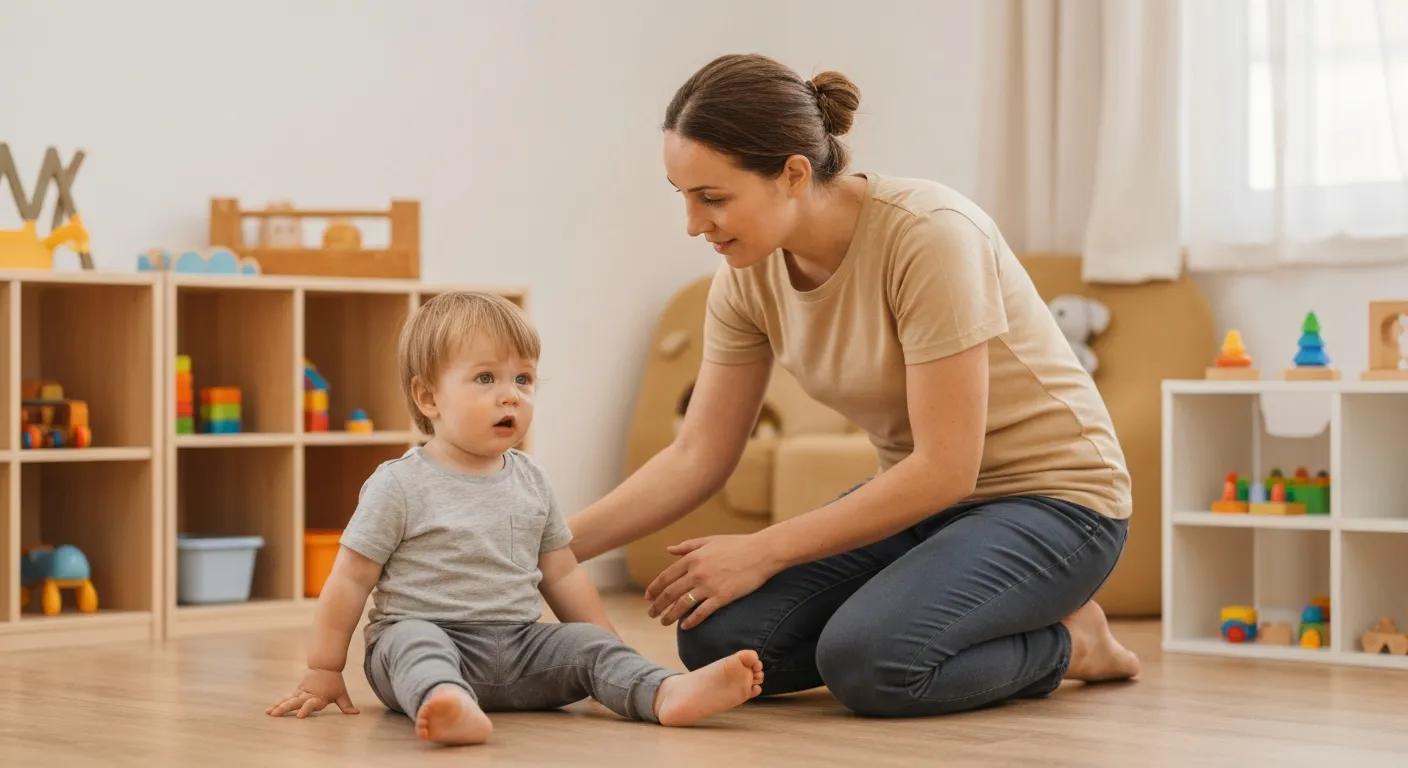 A warm, natural-light preschool or home setting. A toddler sits on the floor after a minor bump or fall, looking slightly startled but not severely hurt. A calm, nurturing adult or teacher kneels beside the child with a gentle, steady expression — offering quiet reassurance rather than panic. The adult’s body language should feel grounded, supportive, and patient. Surroundings include soft colors, child-friendly décor, and toys on shelves. The mood is peaceful, safe, and emotionally supportive, highlighting calm parenting and emotional regulation.