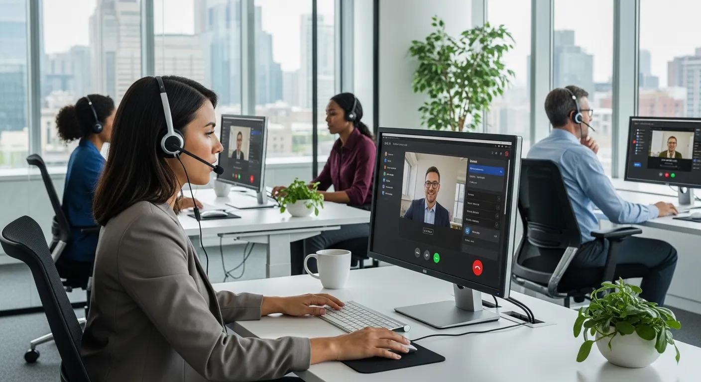 Modern office with professionals using VoIP technology for communication