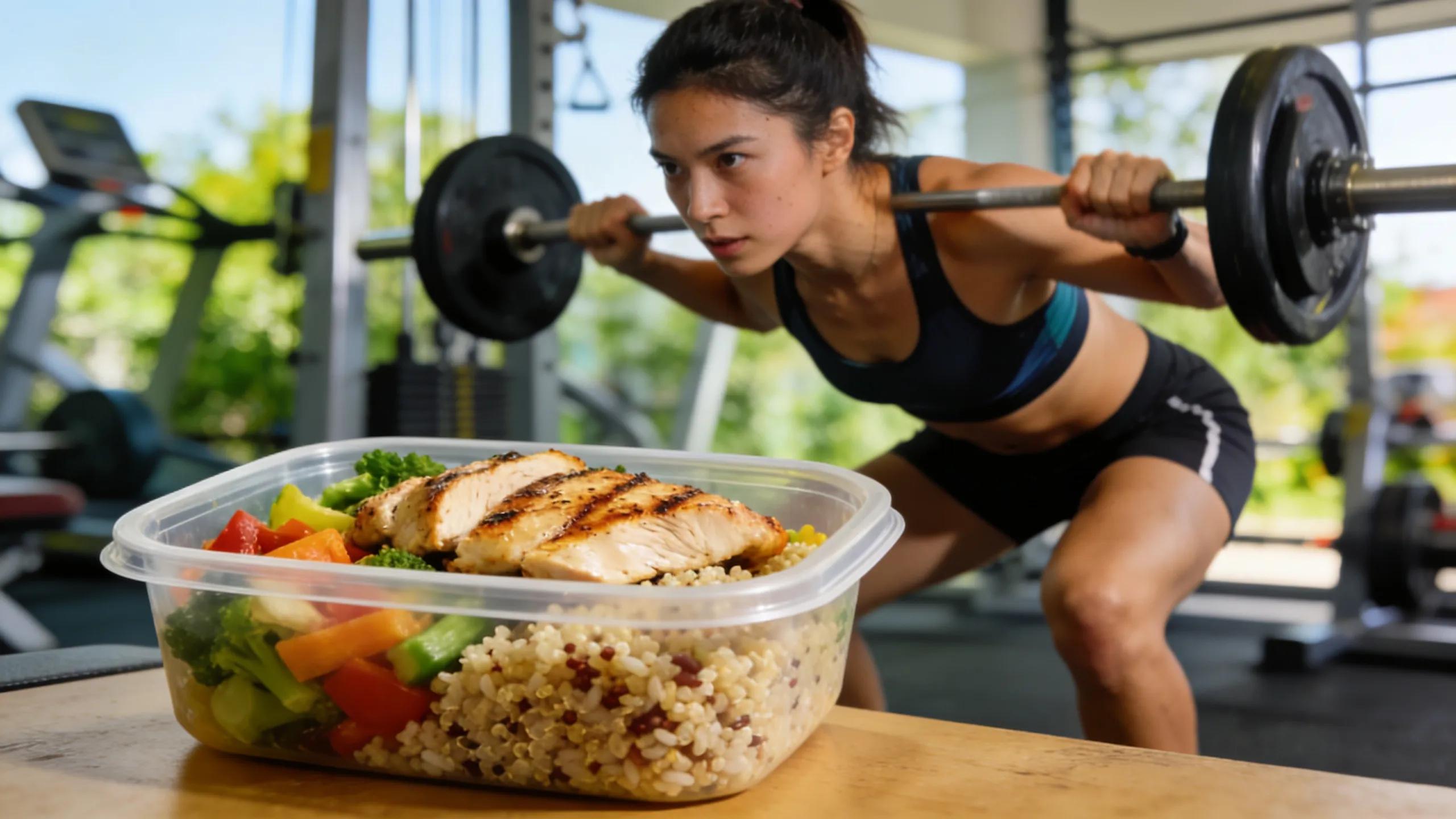 Individual exercising in a gym with a focus on fitness integration with meal planning
