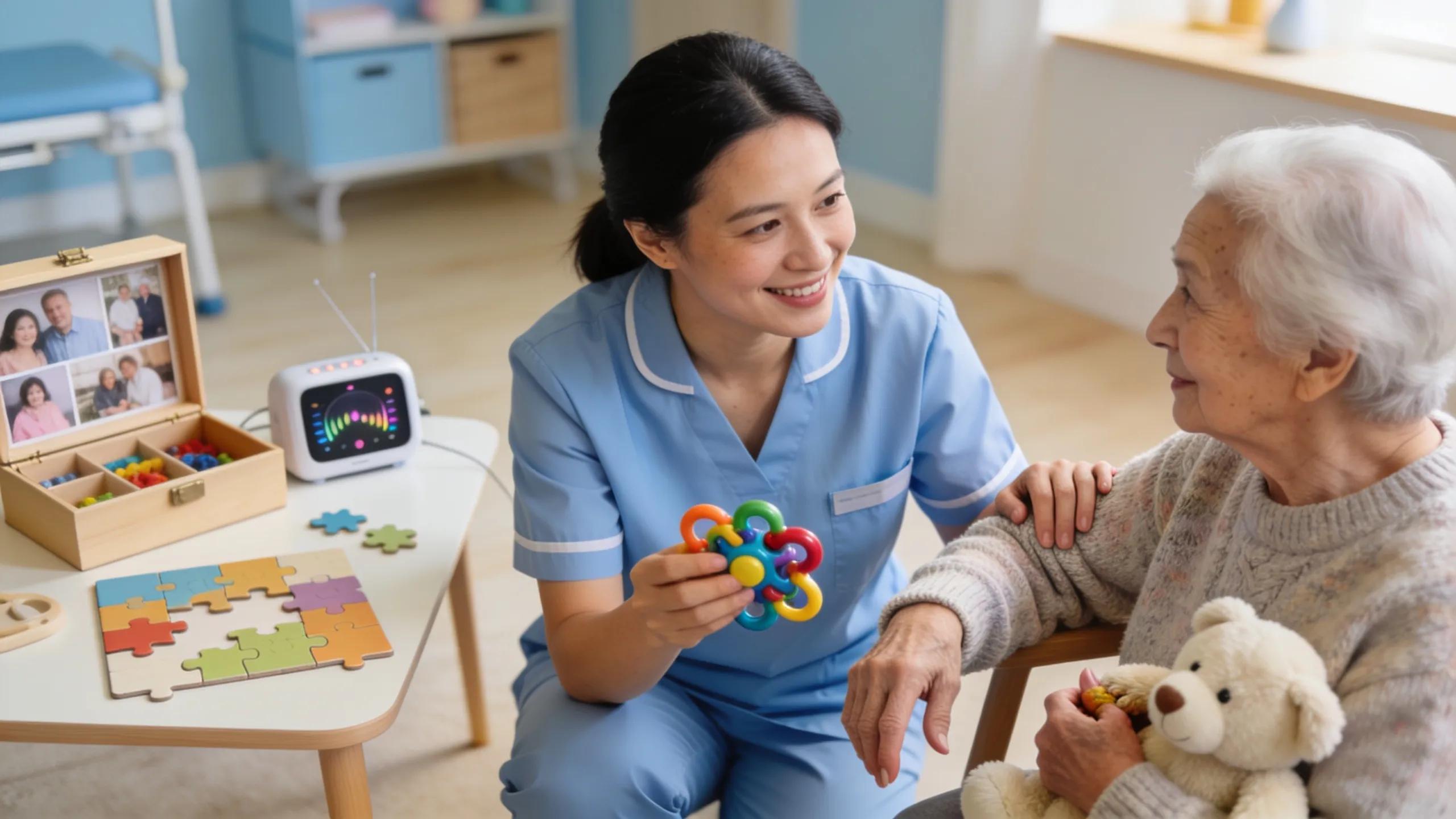 Caregiver employing behavioral management techniques with a dementia patient in a calming environment Caregiver employing behavioral management techniques with a dementia patient in a calming environment