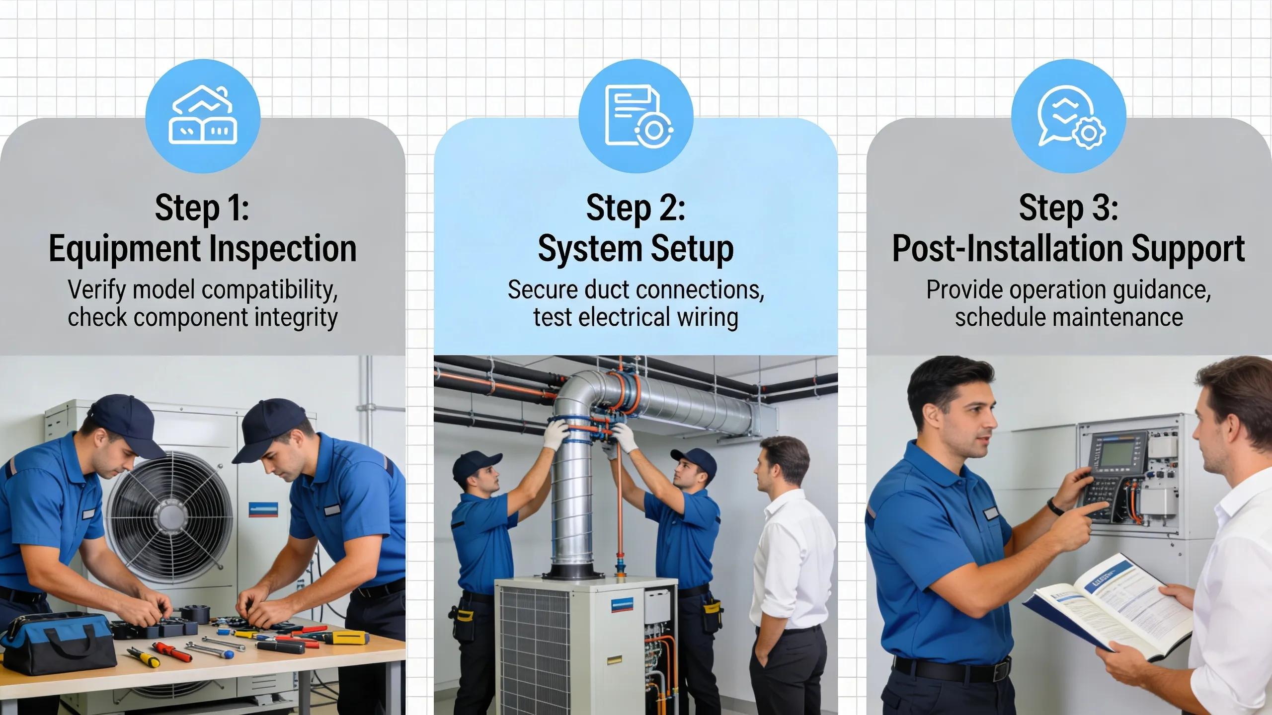 Technicians collaborating during the HVAC installation process, showcasing inspection and support steps