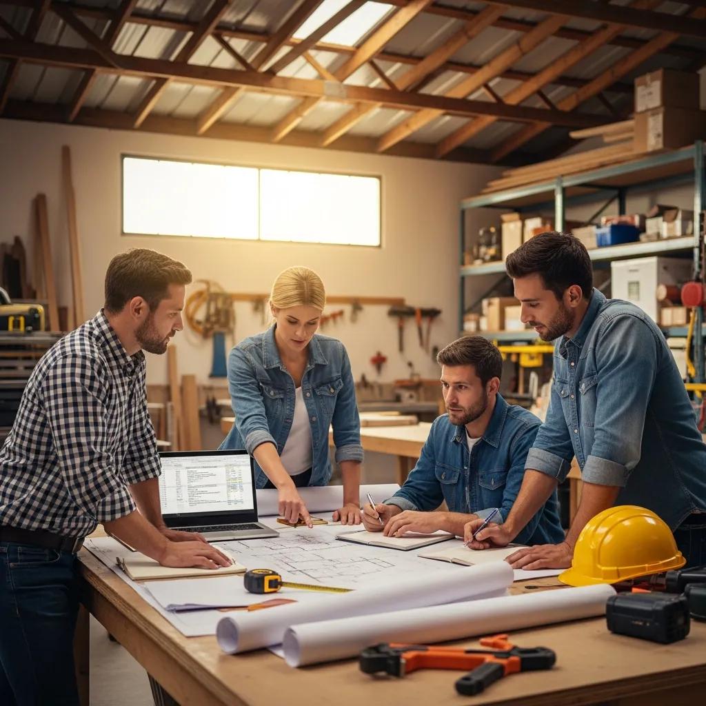 Small contractor sales team collaborating on strategy in a workshop