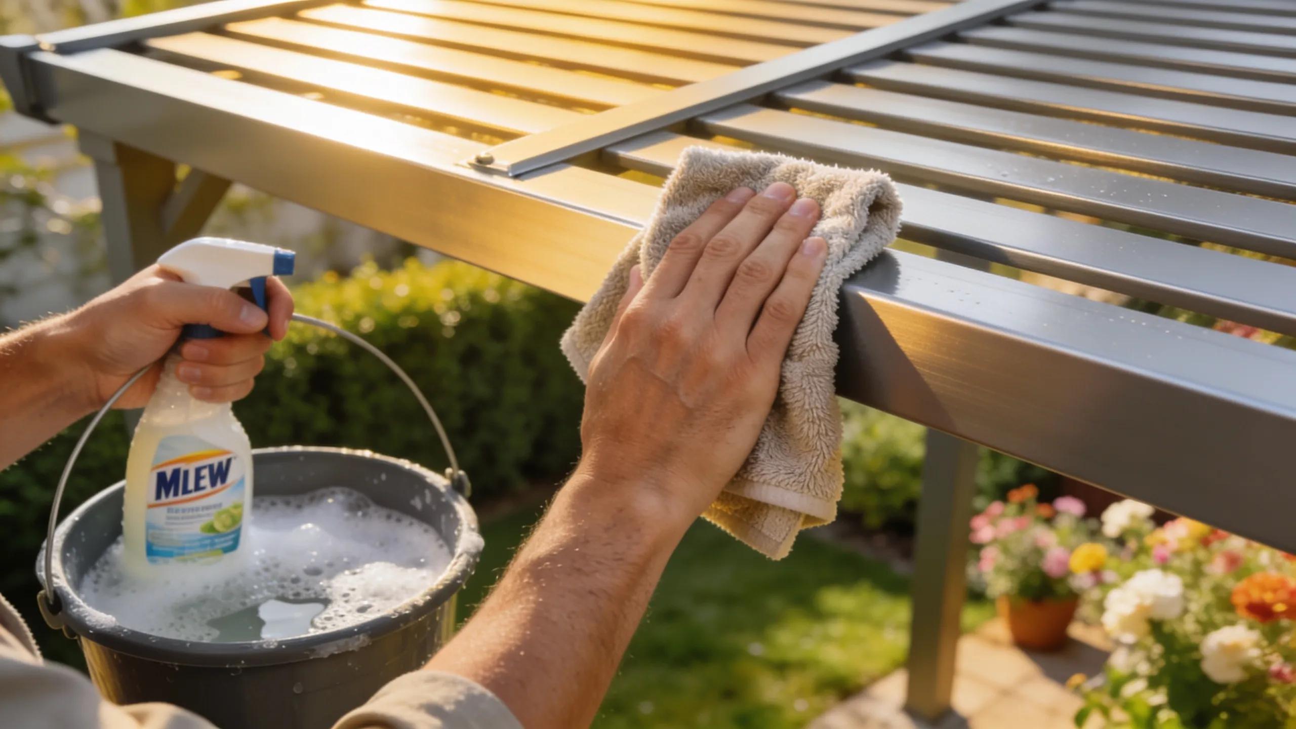 Homeowner cleaning an aluminium pergola, illustrating maintenance practices for longevity and care