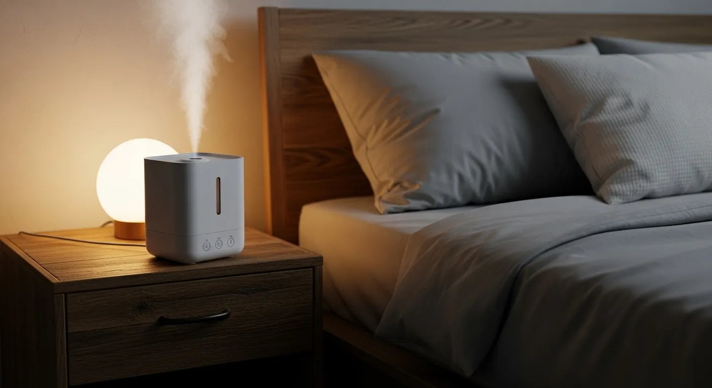 humidifier on a nightstand showing ideal sleep temperature and humidity.