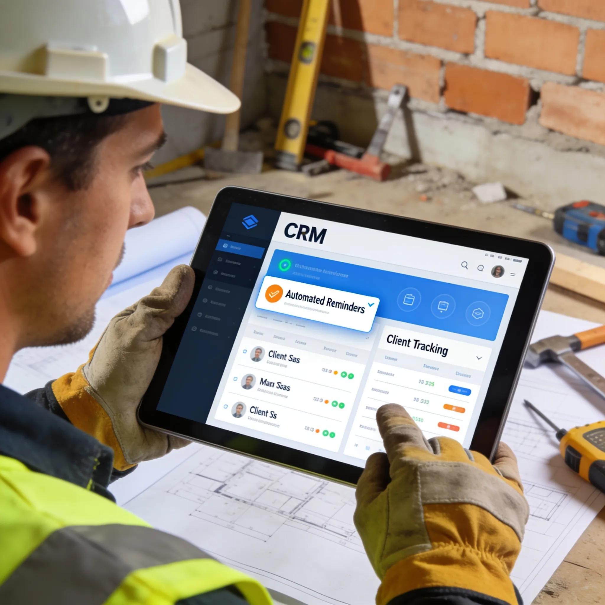 Professional contractor using CRM software for client relationship management at a construction site