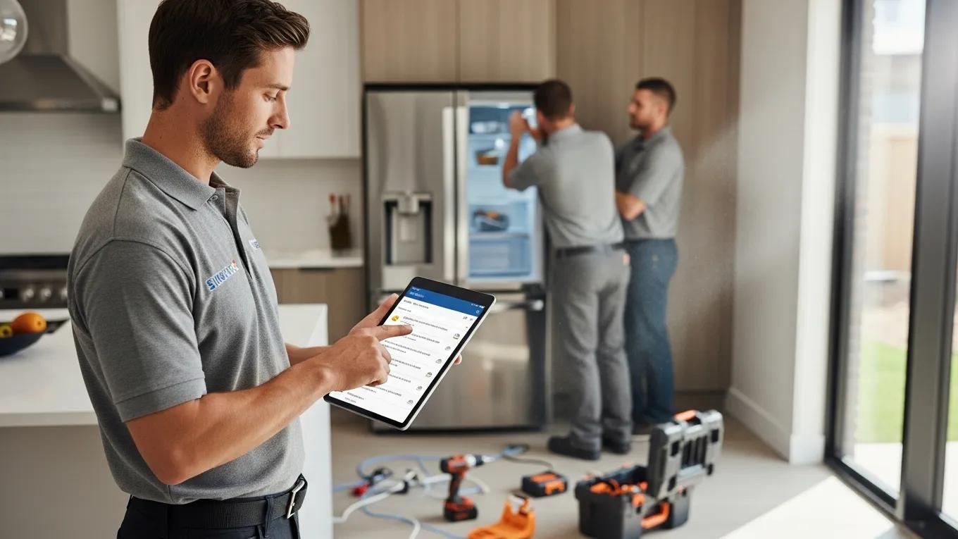Technician using a tablet to manage service leads at a residential job