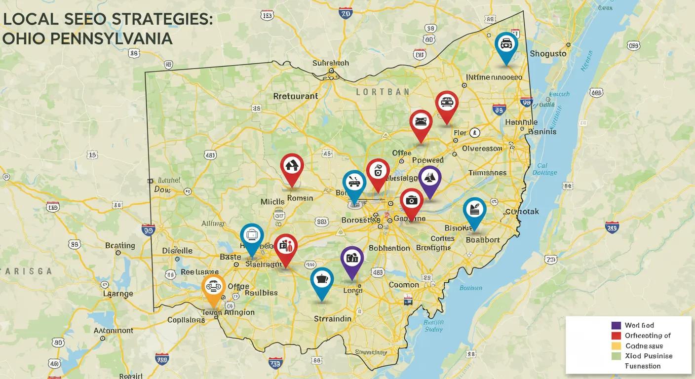Map of Ohio and Pennsylvania with markers for local businesses, representing the significance of local SEO strategies