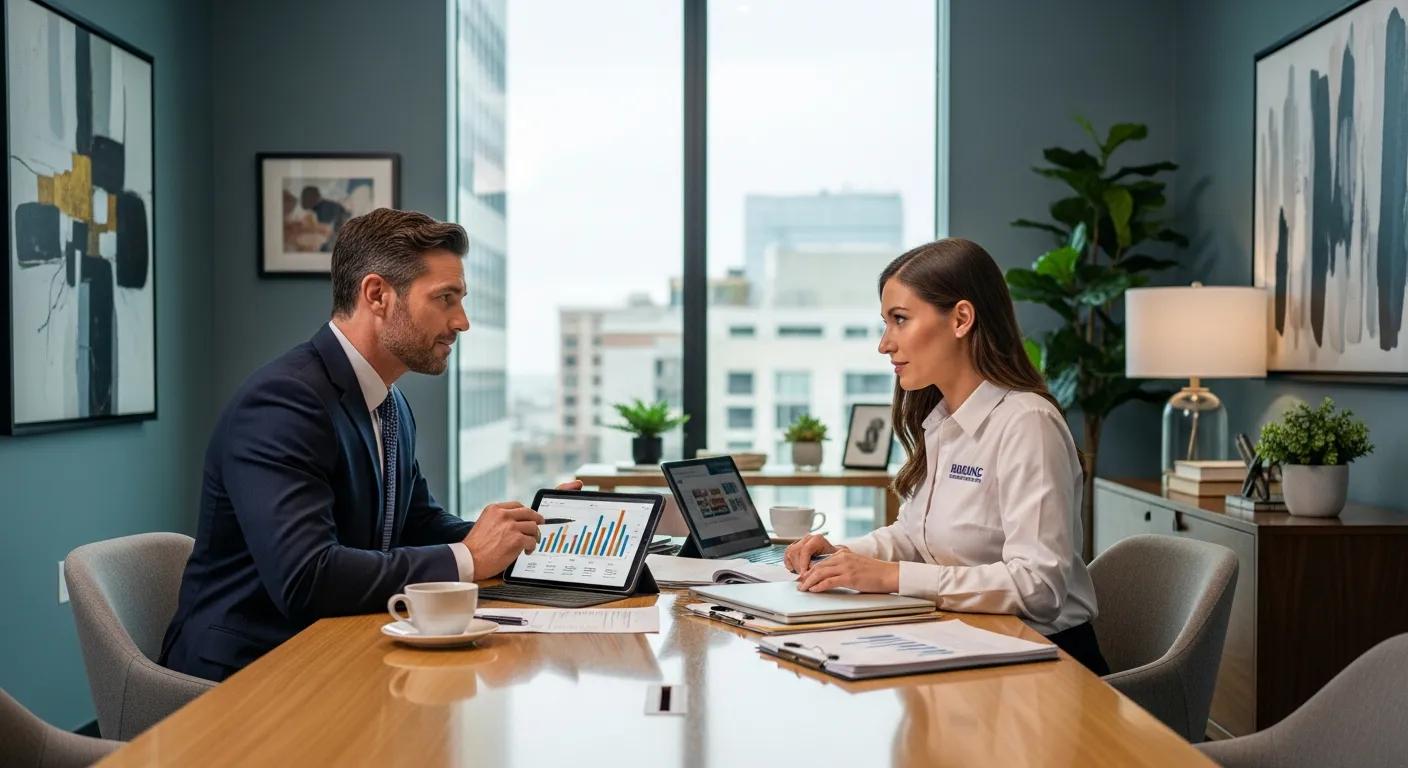 Public adjuster negotiating with an insurance representative in an office