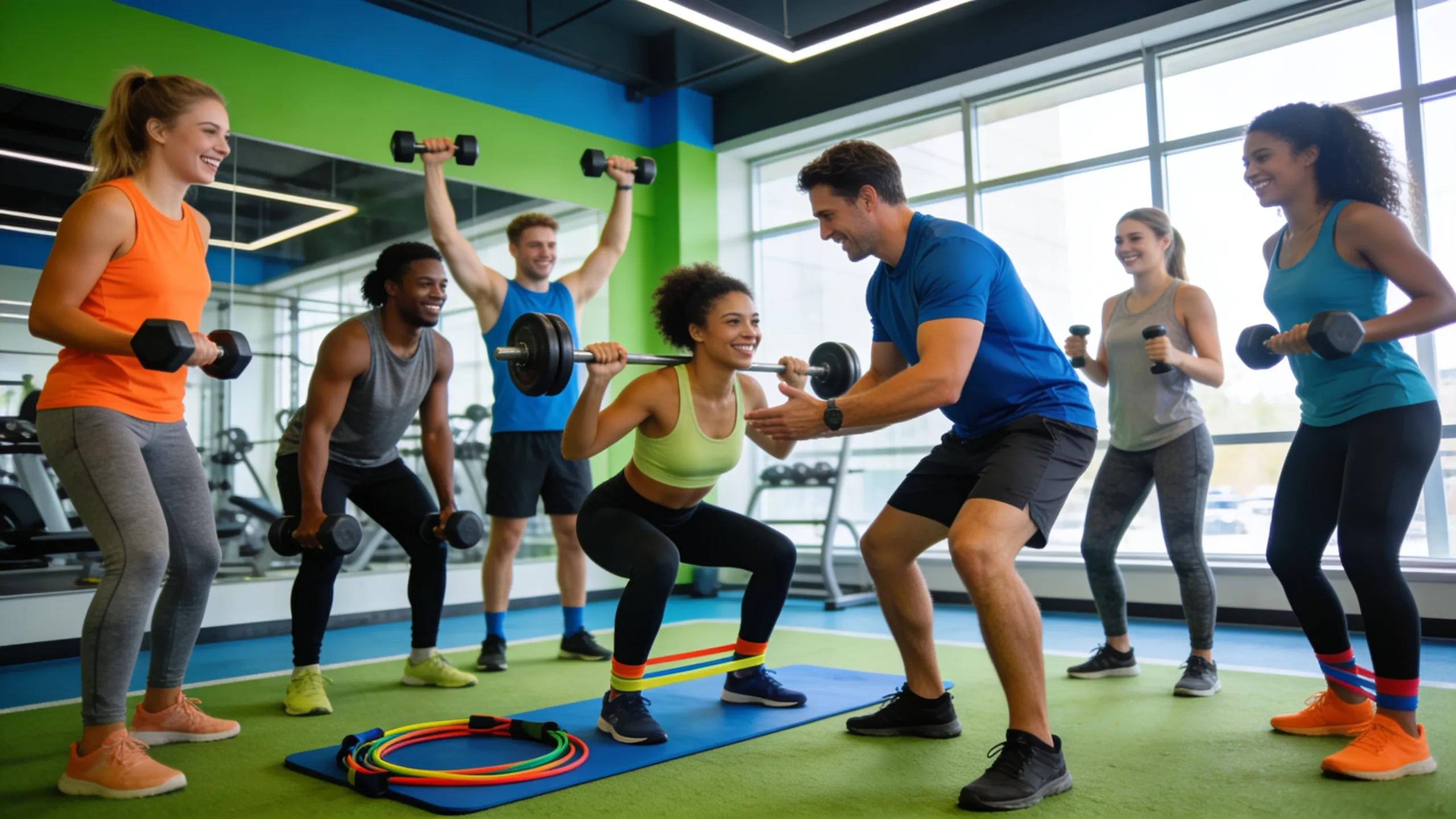Group strength training session with a coach demonstrating exercises