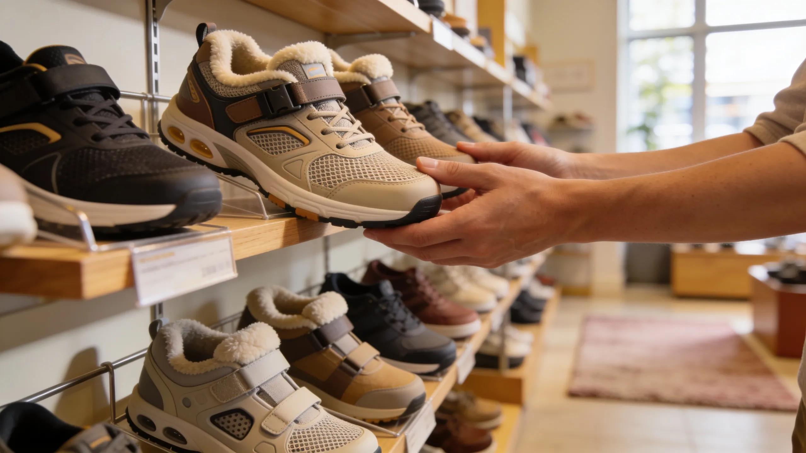 Person exploring cushioned walking shoes for arthritis relief