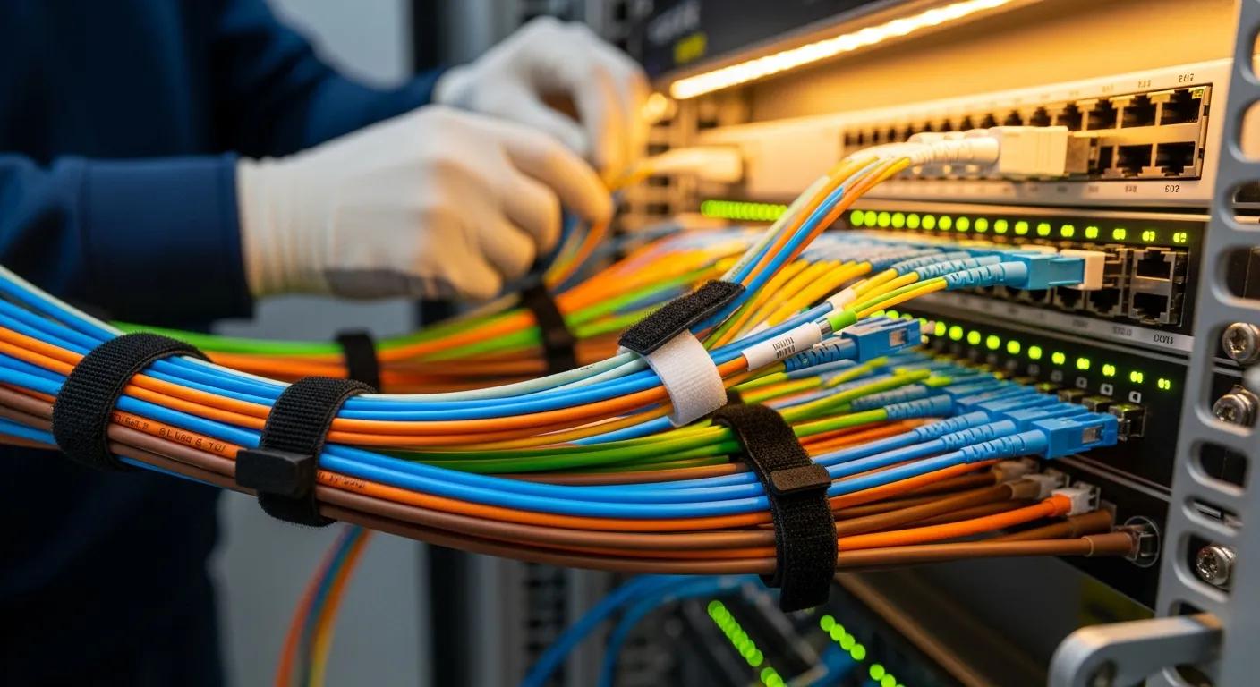 Close-up of fiber optic cable installation in a commercial environment