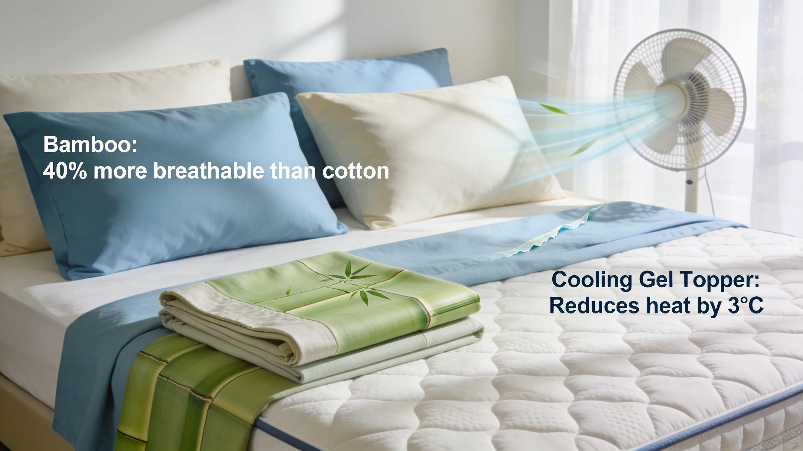 Breathable bedding elements supporting cooling mattress toppers