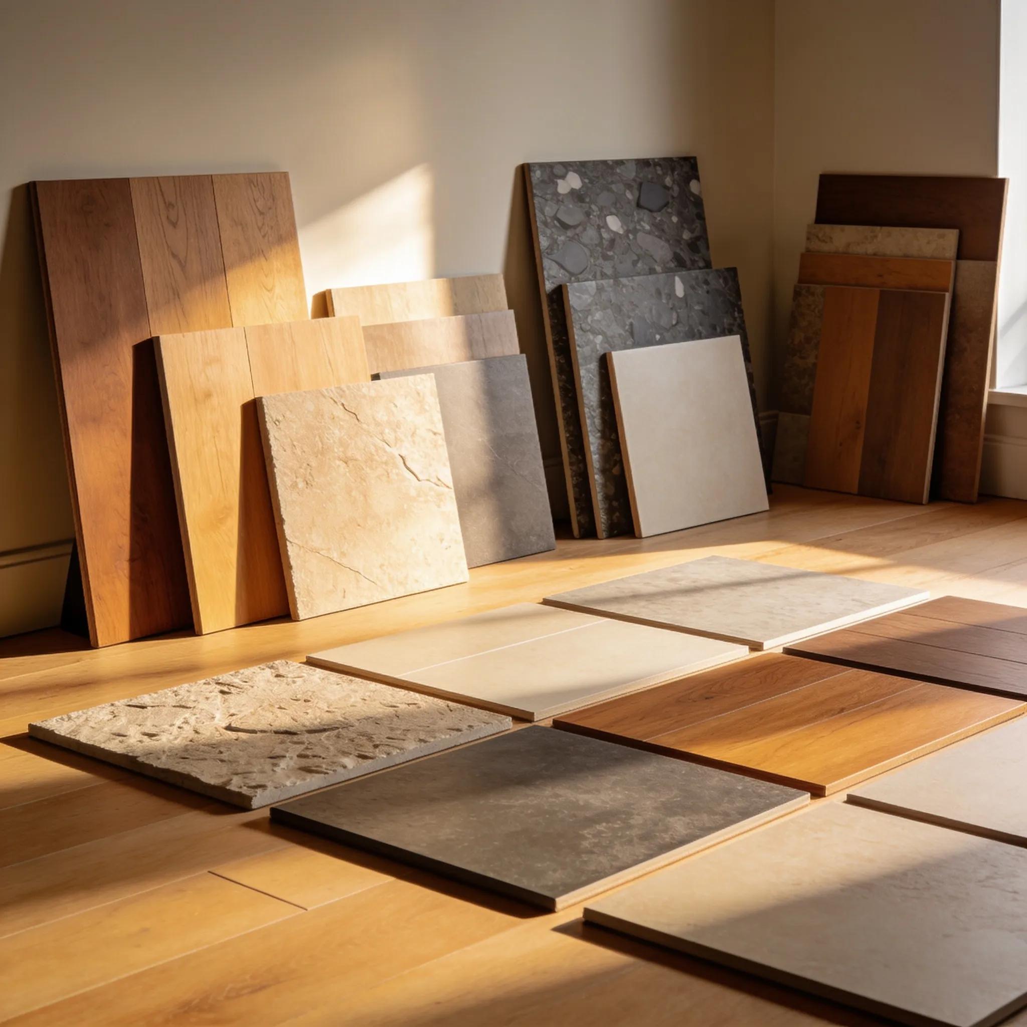 A spread of flooring samples in varied textures and colors to help visualize and compare options