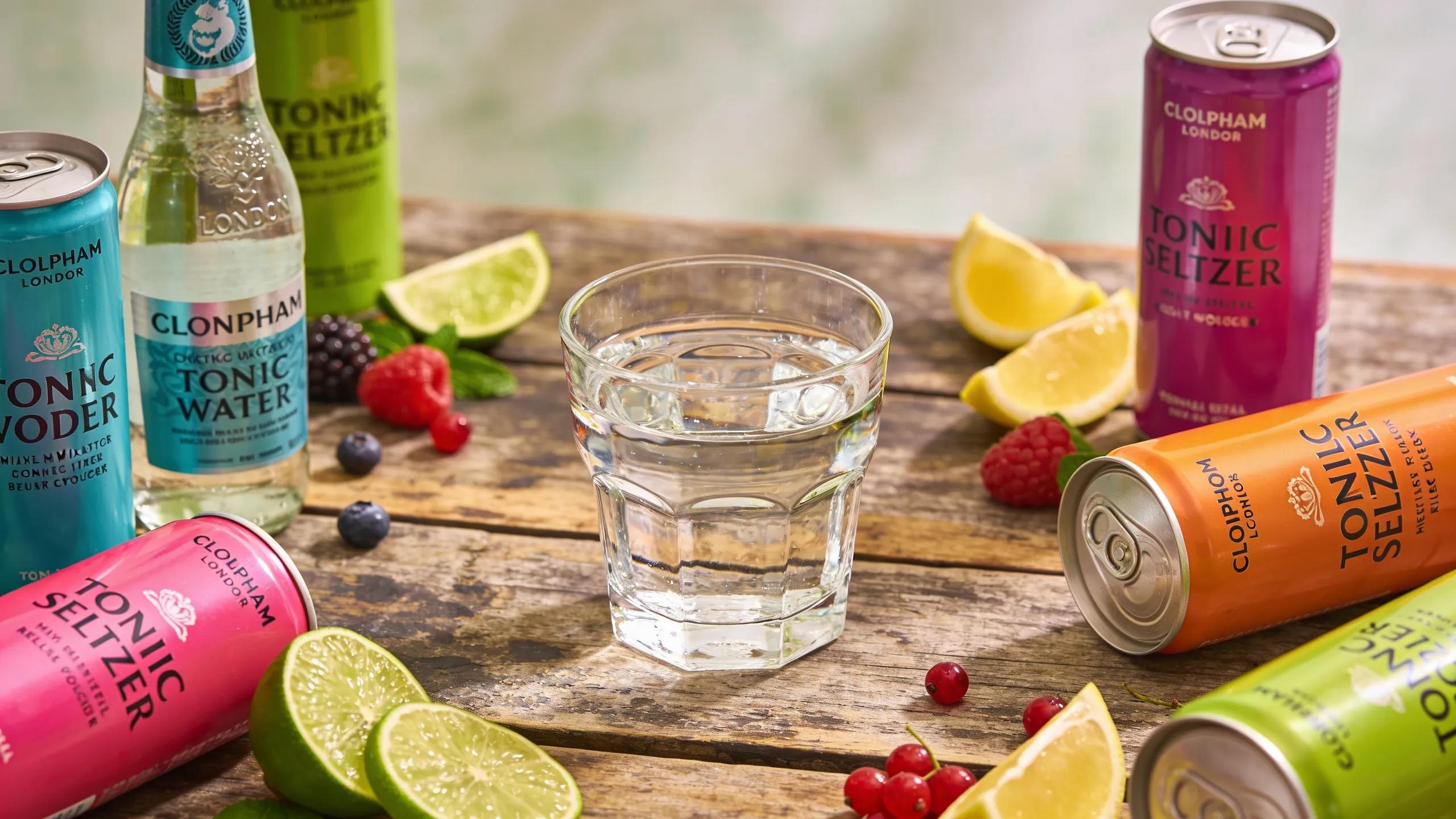 Flat lay of low-calorie mixers including soda water, diet sodas, tonic water, with vodka bottles and fresh fruit garnishes on rustic wooden table