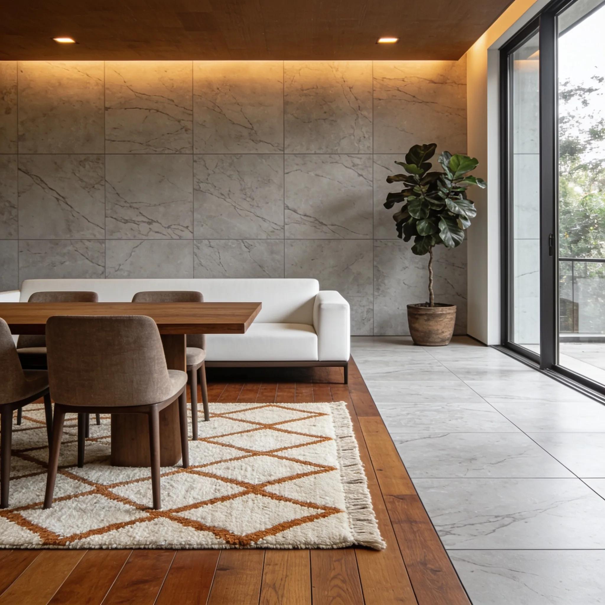Interior with modern flooring trends in natural tones and patterns