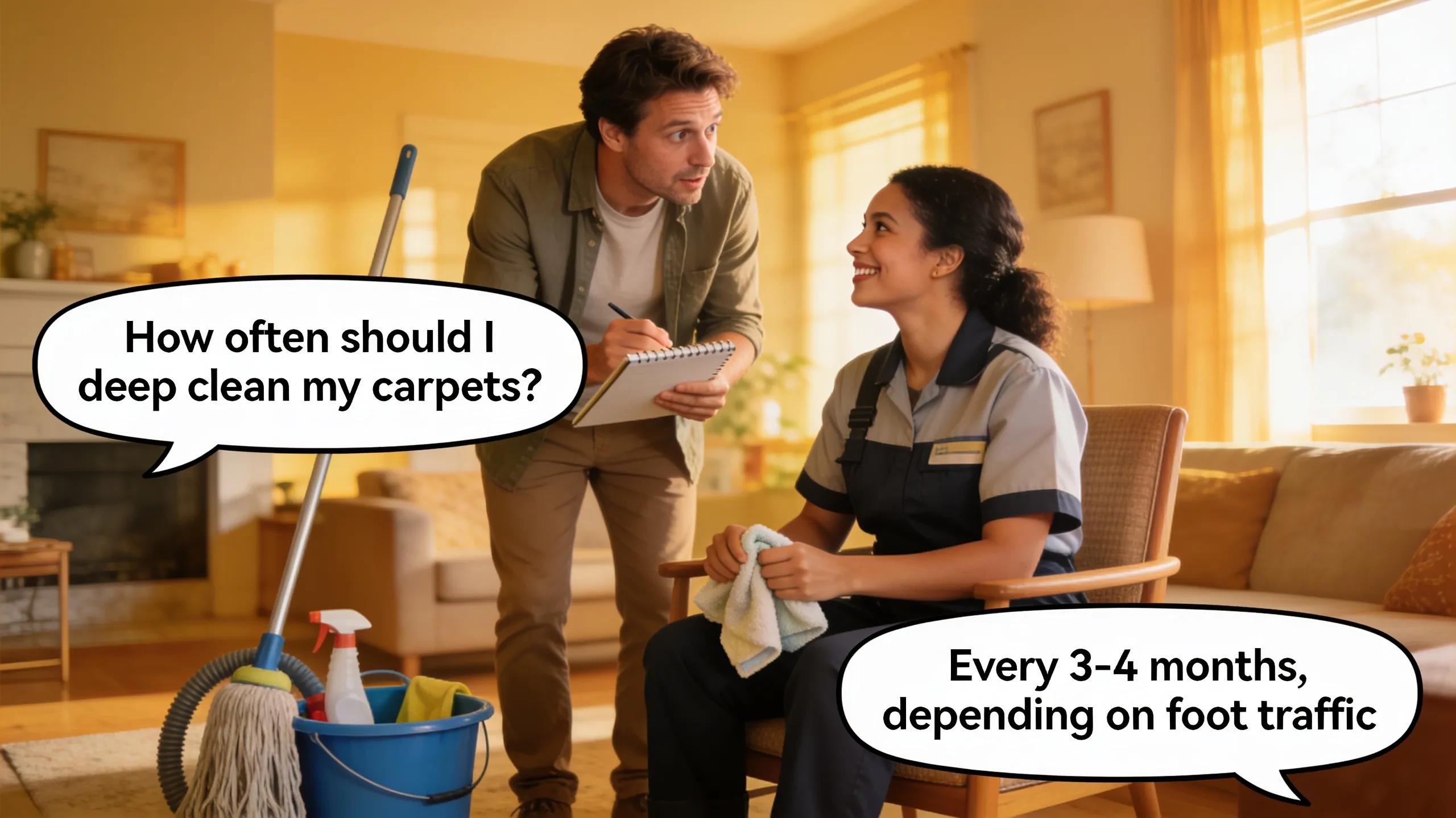 Homeowner asking questions about cleaning services to a professional cleaner