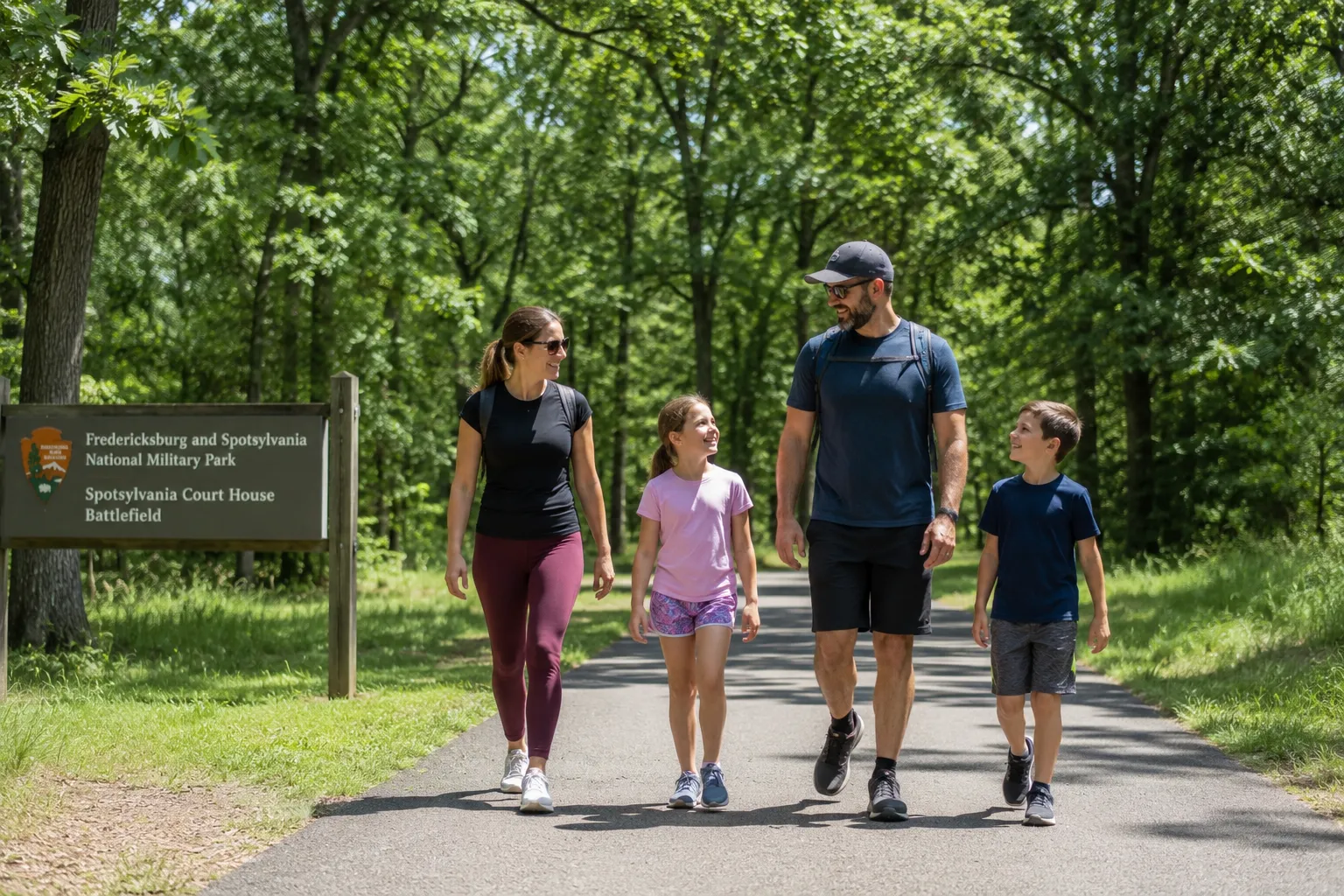 A family walking along a paved trail in a Spotsylvania county park to represent the safe, active outdoor lifestyle available to residents A family walking along a paved trail in a Spotsylvania county park to represent the safe, active outdoor lifestyle available to residents