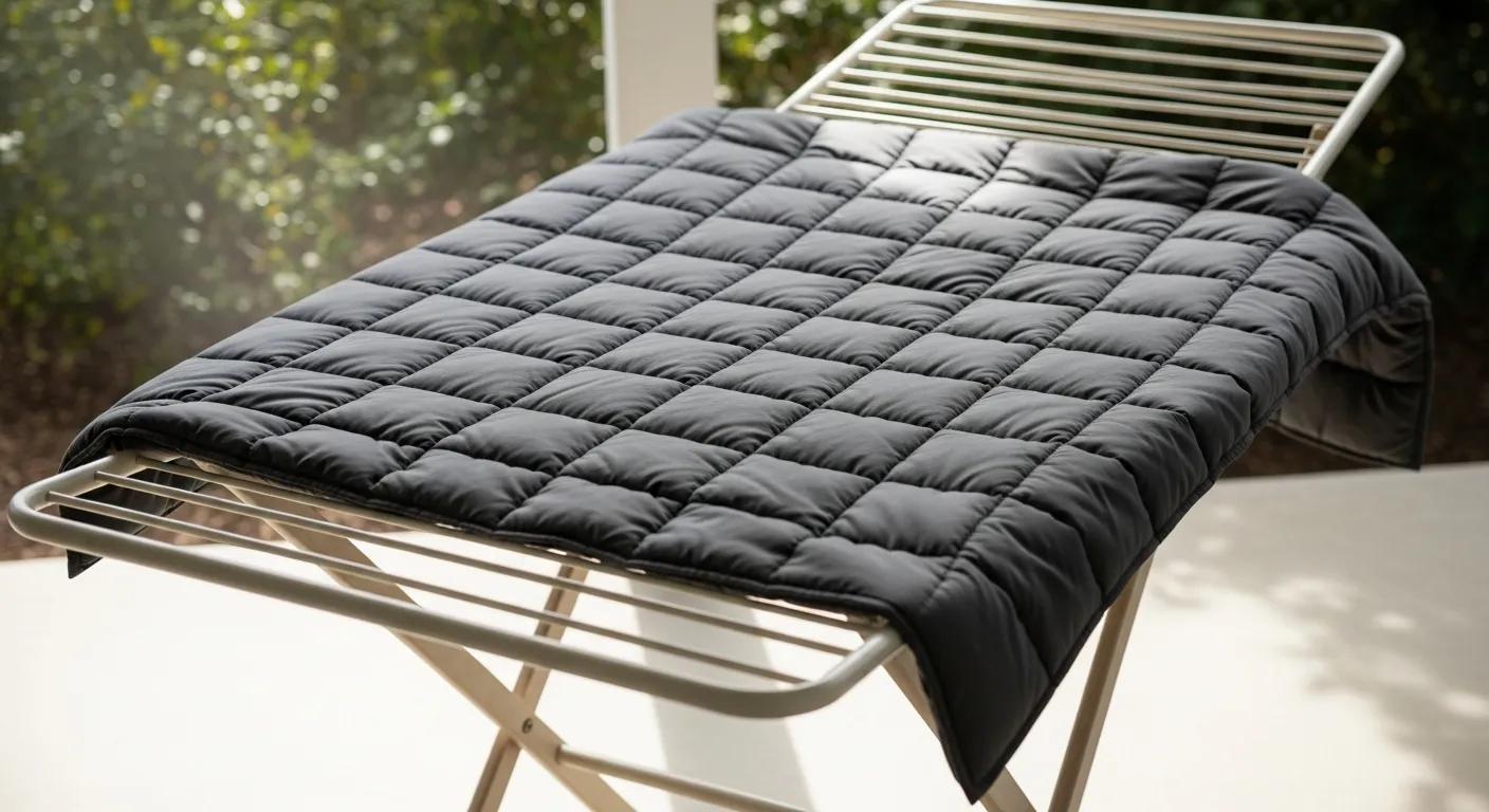 Weighted blanket laid flat to air dry in a shaded, ventilated area