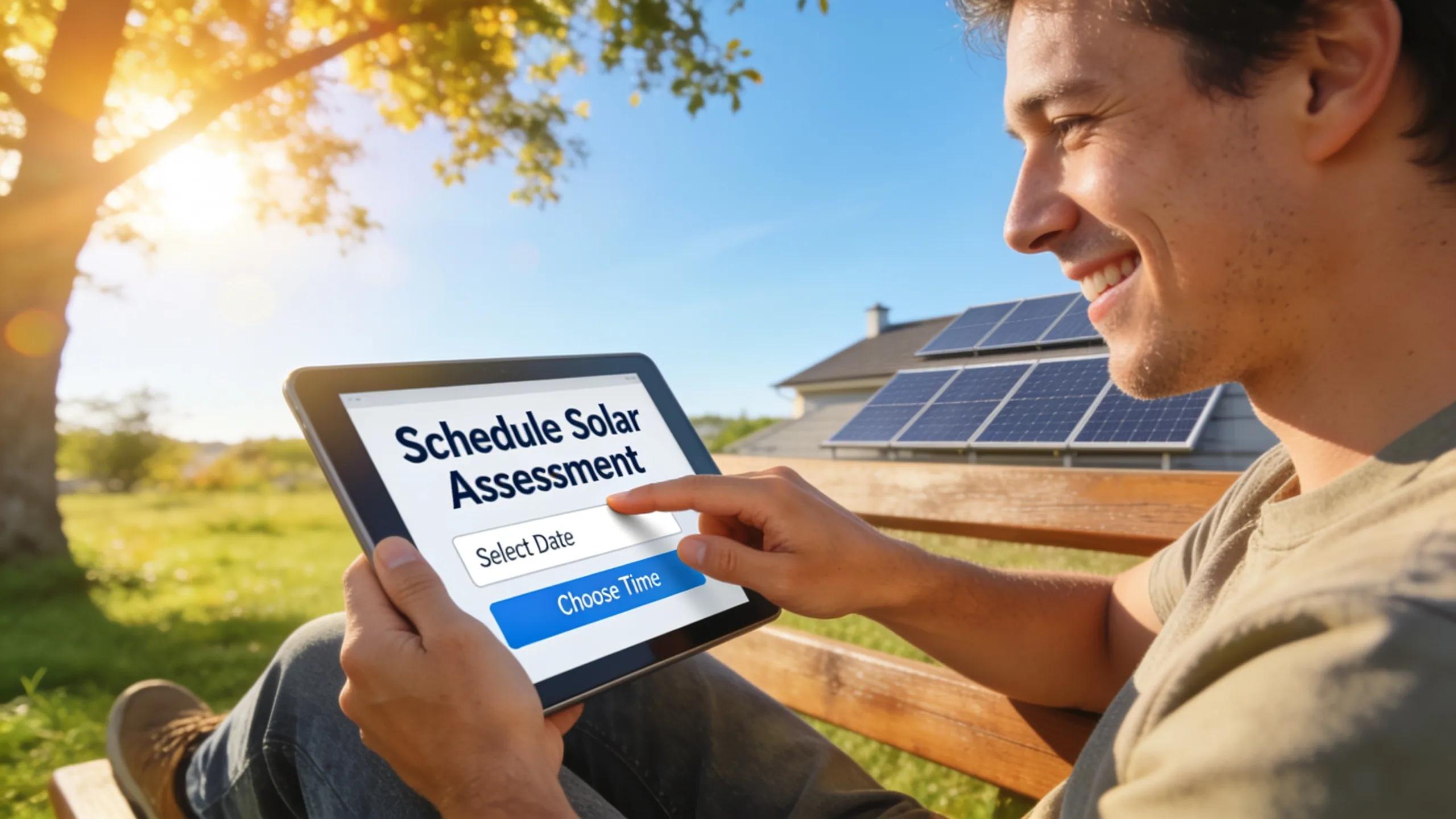 Man using tablet to schedule solar assessment, showcasing automated booking for solar installers.