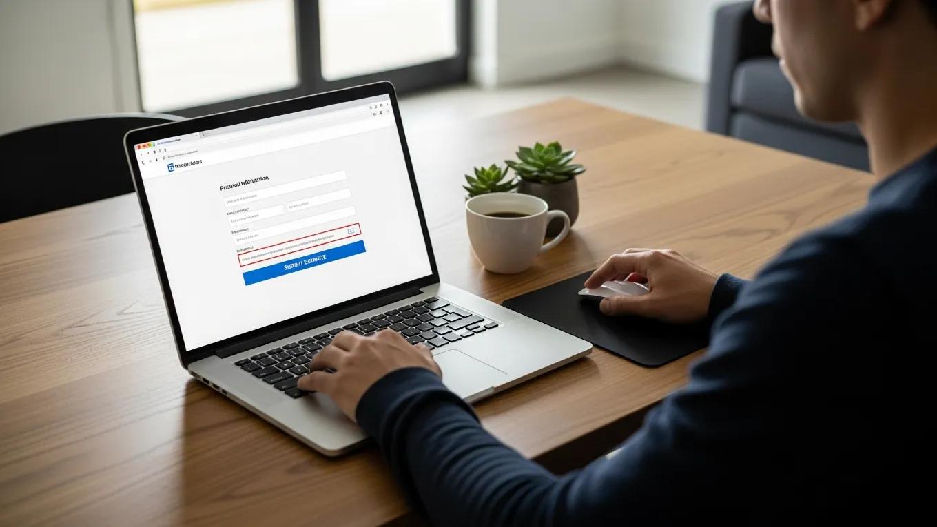 Person submitting an online estimate request on a laptop at a desk