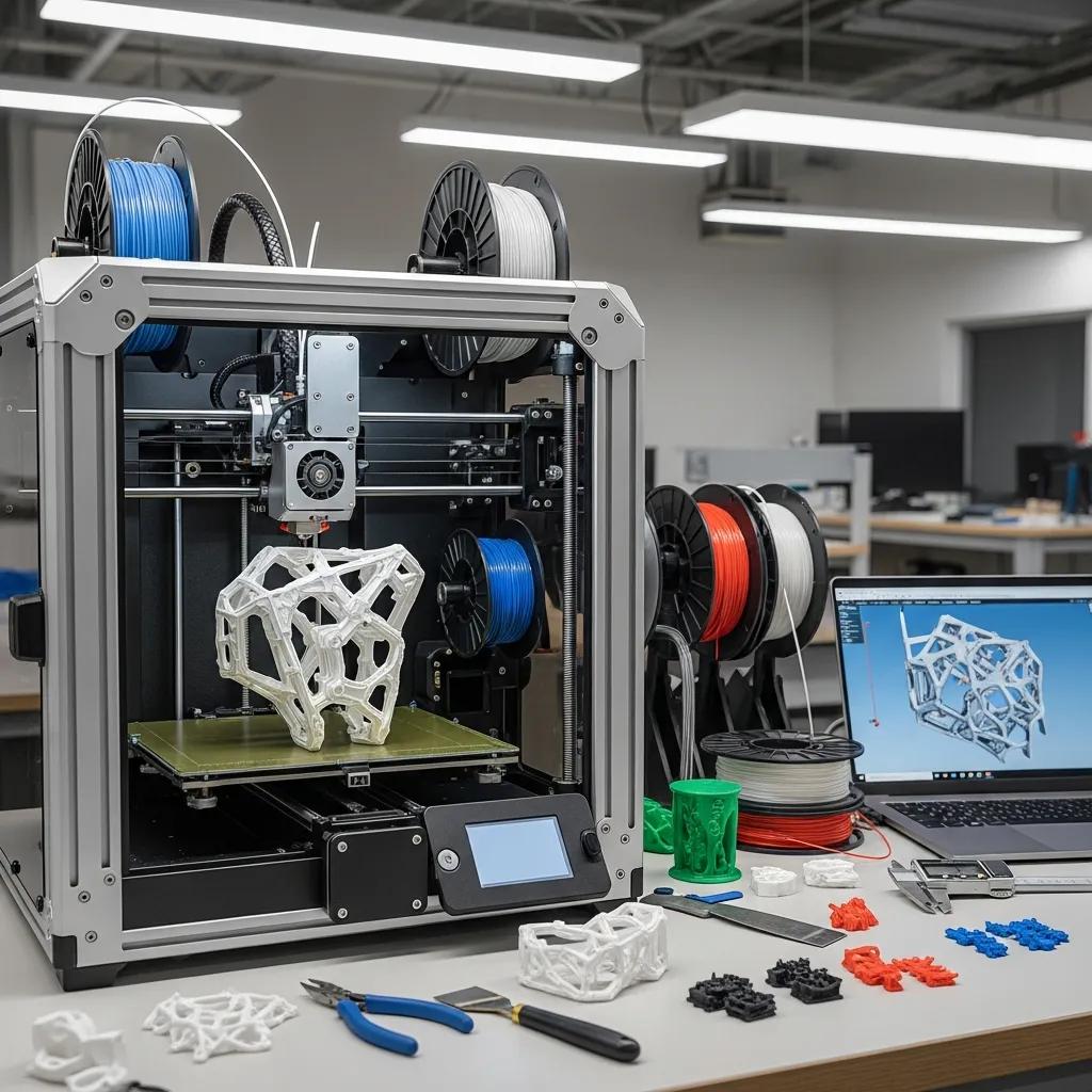 3D printer creating intricate prototypes in a modern engineering workspace
