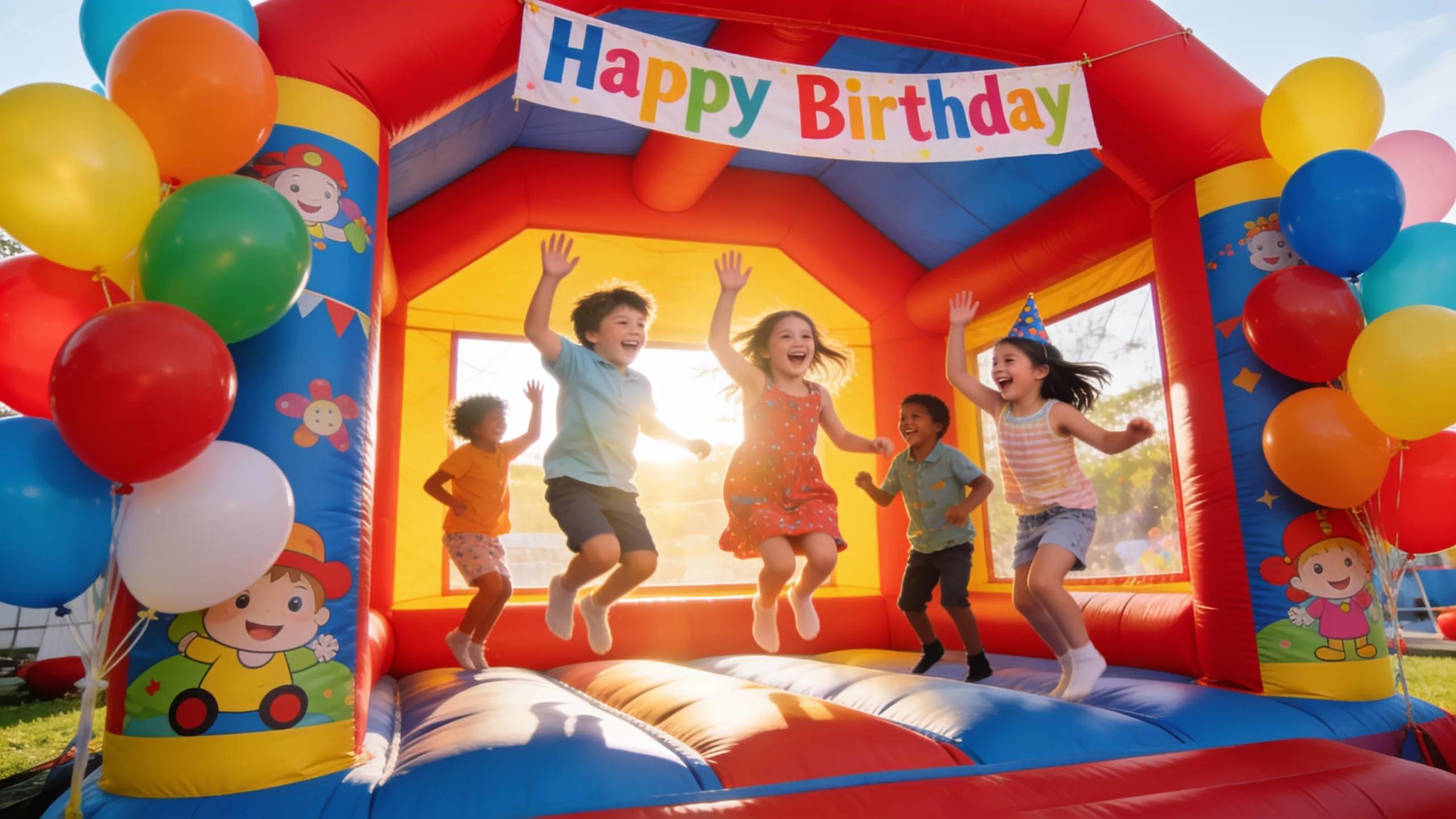 Children bouncing and playing inside a colorful bounce house at a birthday party, highlighting local rental options