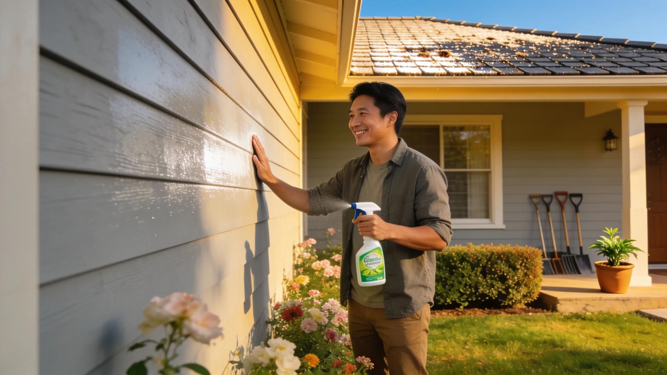 Homeowner inspecting siding and roof post-cleaning, promoting eco-friendly maintenance tips