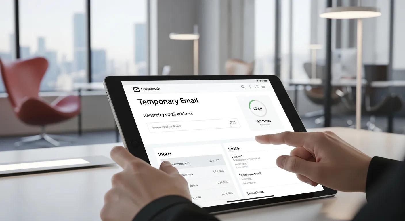 User interacting with a custom temporary email website on a tablet in a modern office