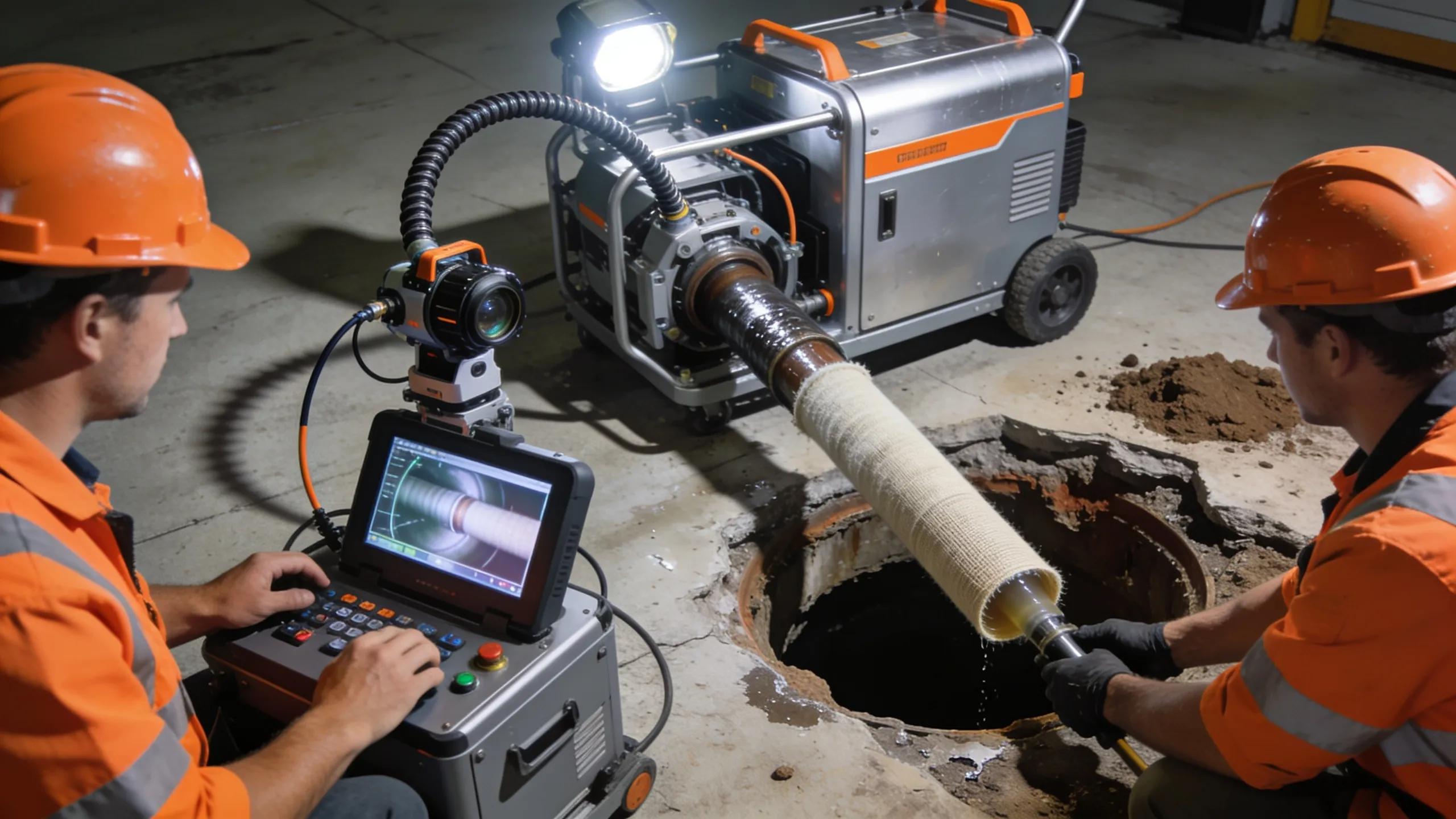 Technicians performing trenchless sewer repair, illustrating modern, cost-effective plumbing solutions Technicians performing trenchless sewer repair, illustrating modern, cost-effective plumbing solutions