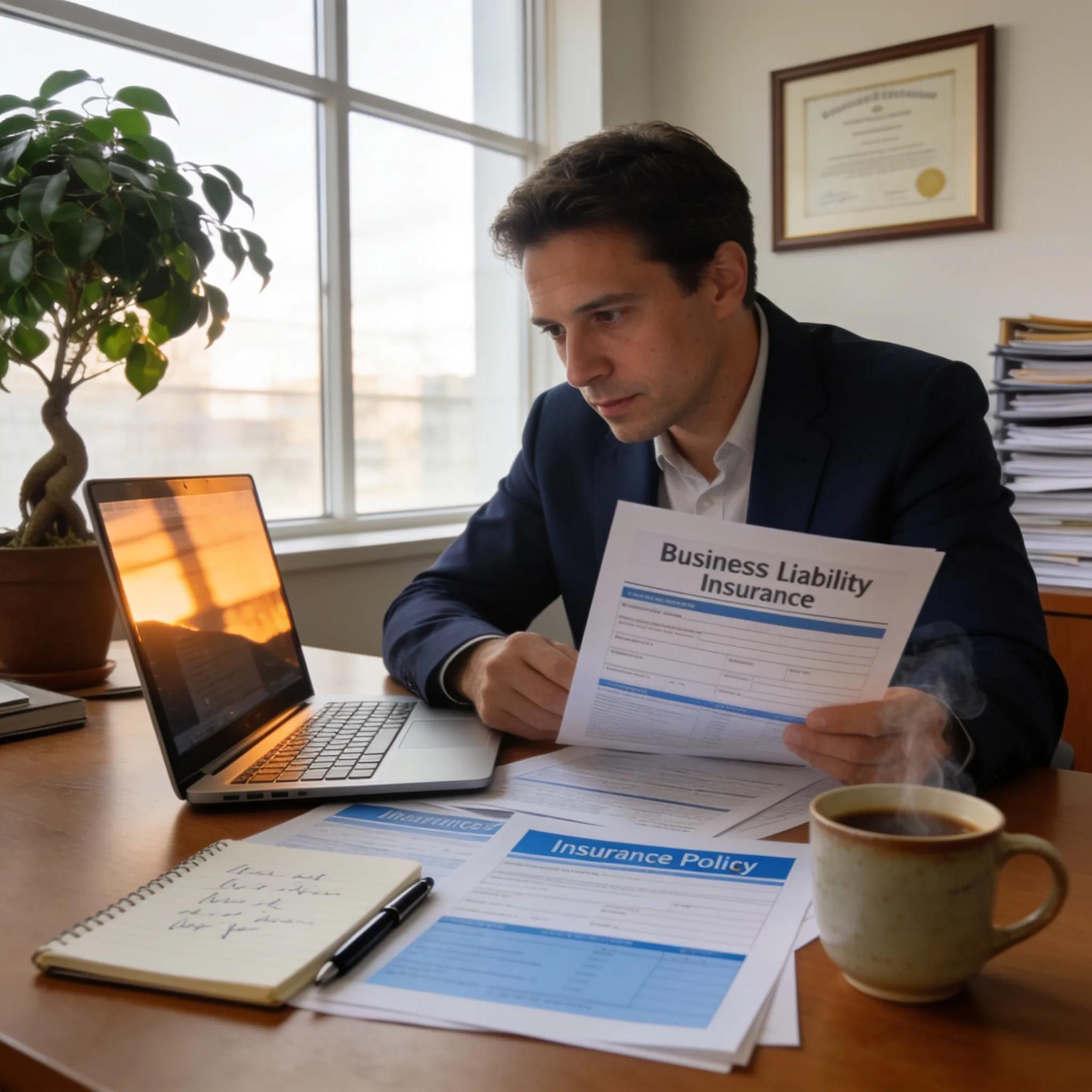 Business owner reviewing liability insurance documents in a modern office