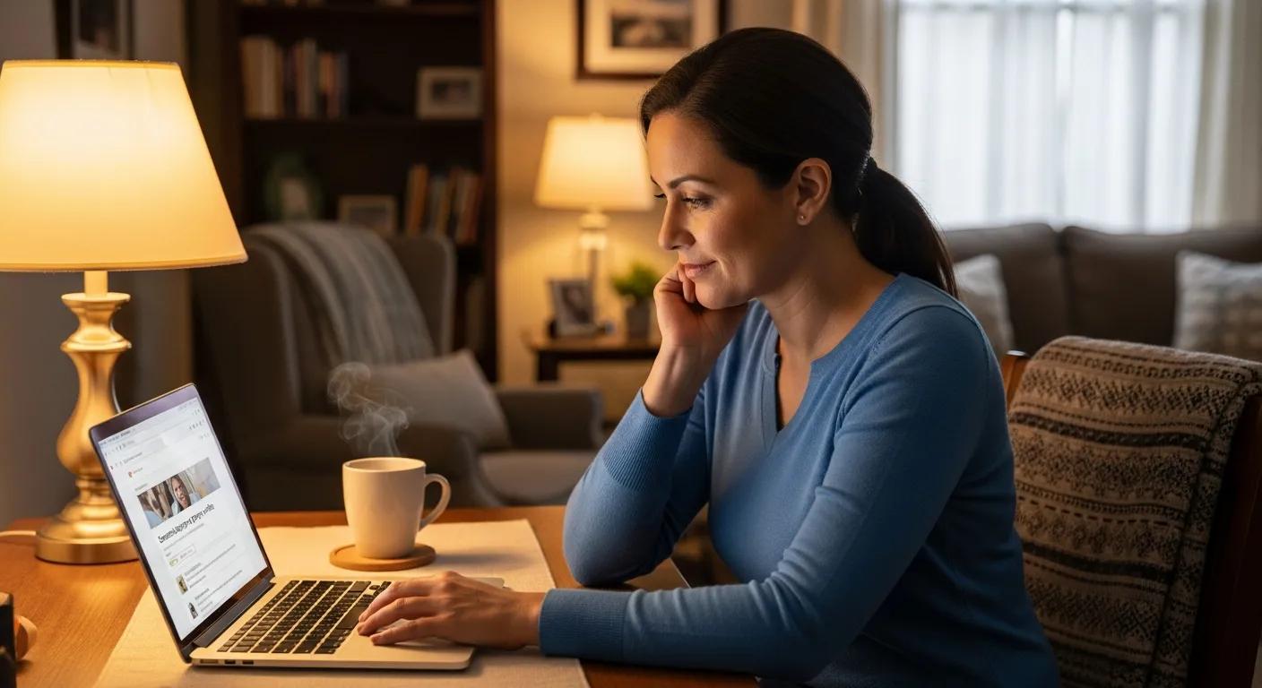 Caregiver researching dementia support groups online in a cozy home setting Caregiver researching dementia support groups online in a cozy home setting