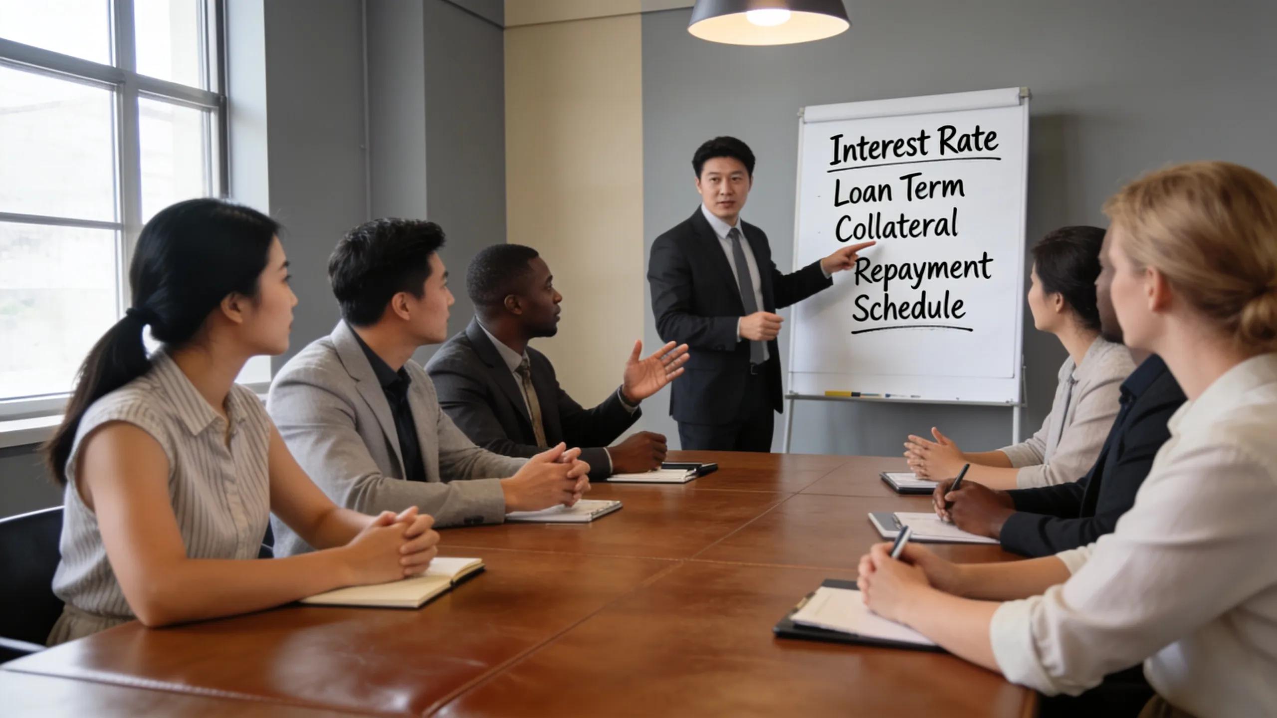 Business meeting discussing financing options with a focus on loan comparisons