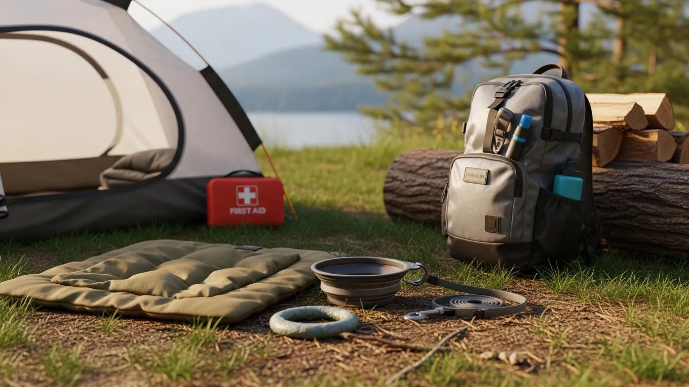 Essential dog camping gear laid out for a weekend trip