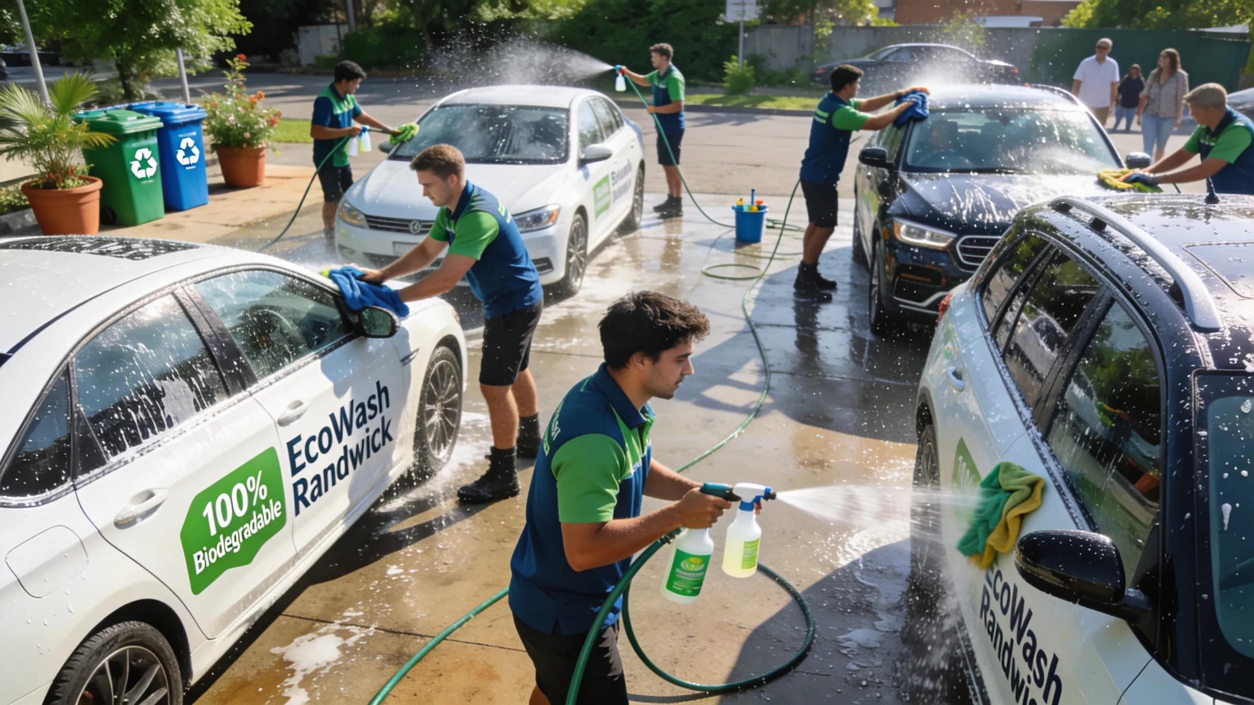 Eco-friendly car wash workers using biodegradable products and filtered water in Randwick