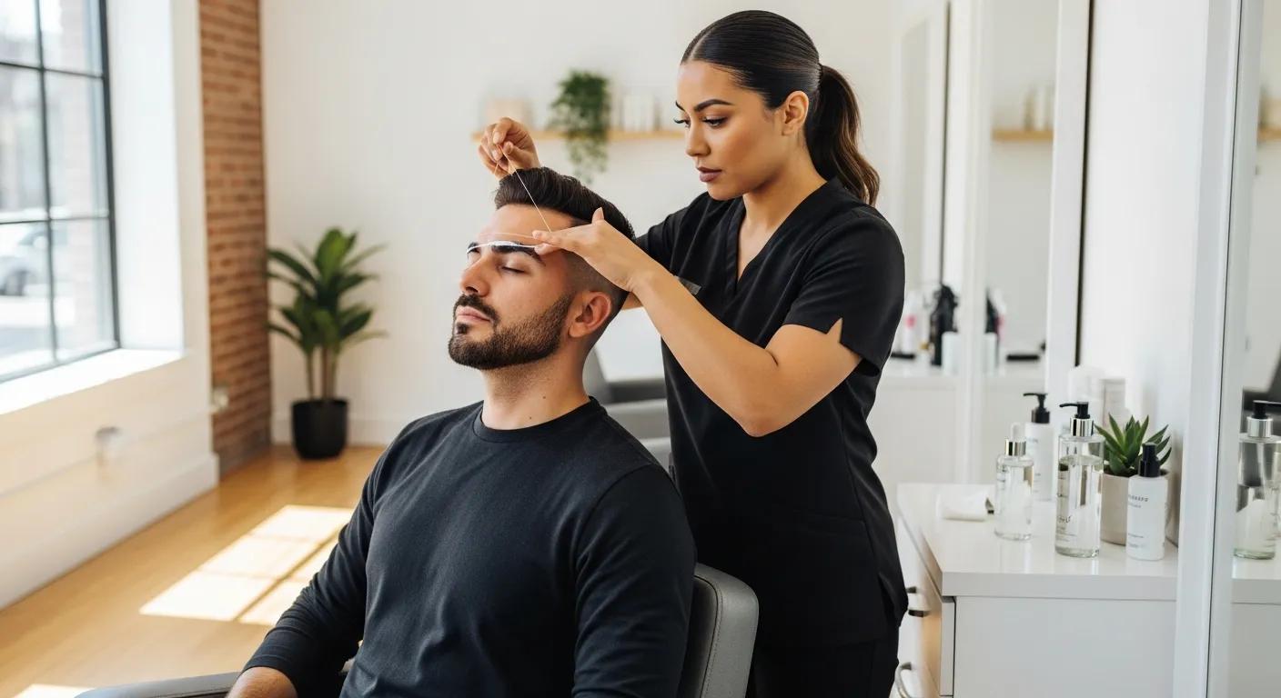 Close-up of a professional applying eyebrow tint to a client's brow in a Brooklyn salon