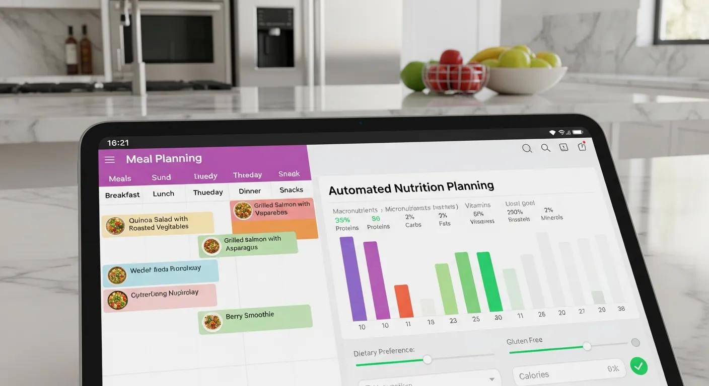 Tablet showing meal-planning software in a kitchen, highlighting automated nutrition planning
